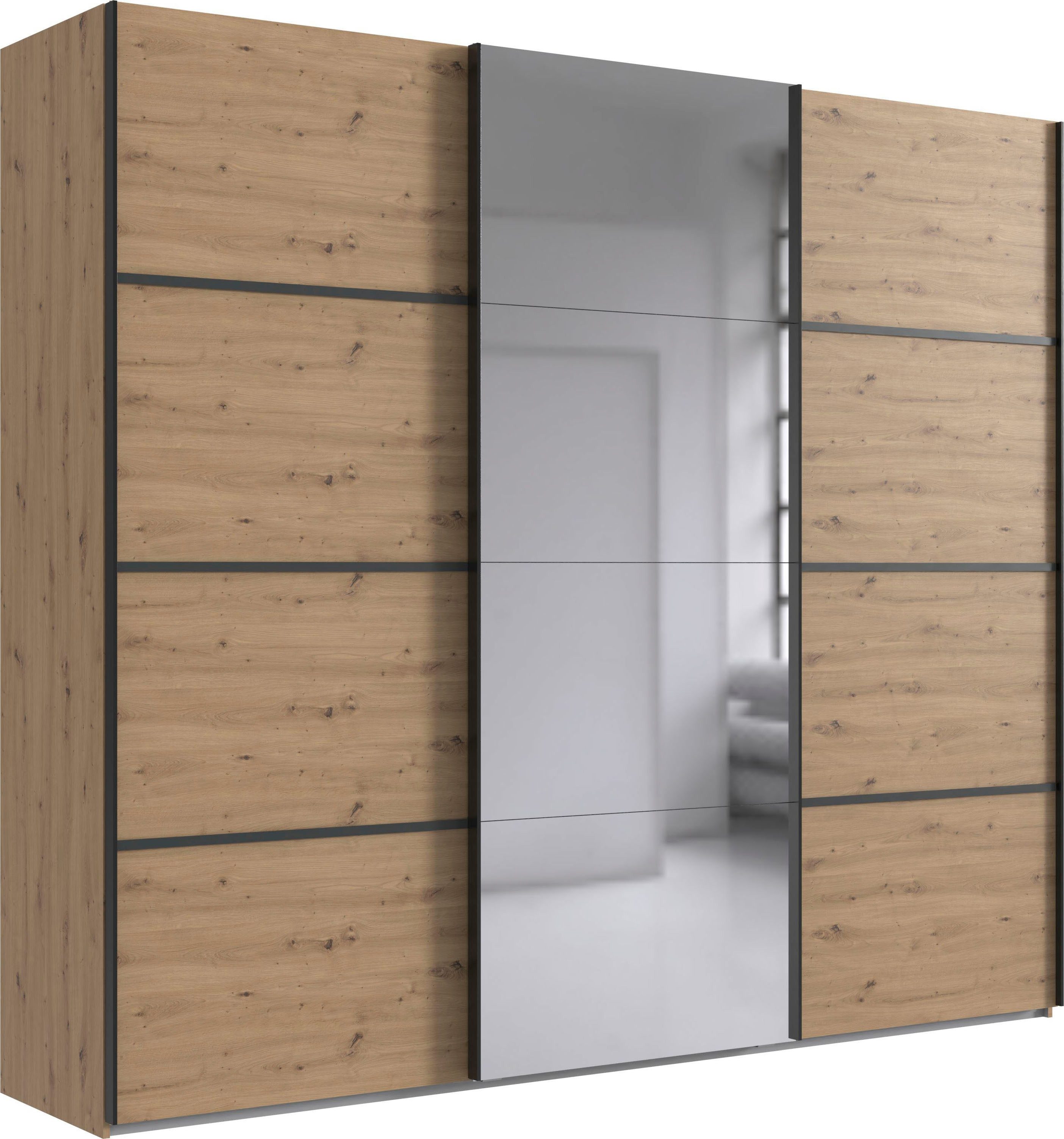 Wimex Schwebetürenschrank Jork Kleiderschrank mit Spiegel, schwarze Metallgriffe Schrank in verschiedenen Größen und Innenausstattungsvarianten