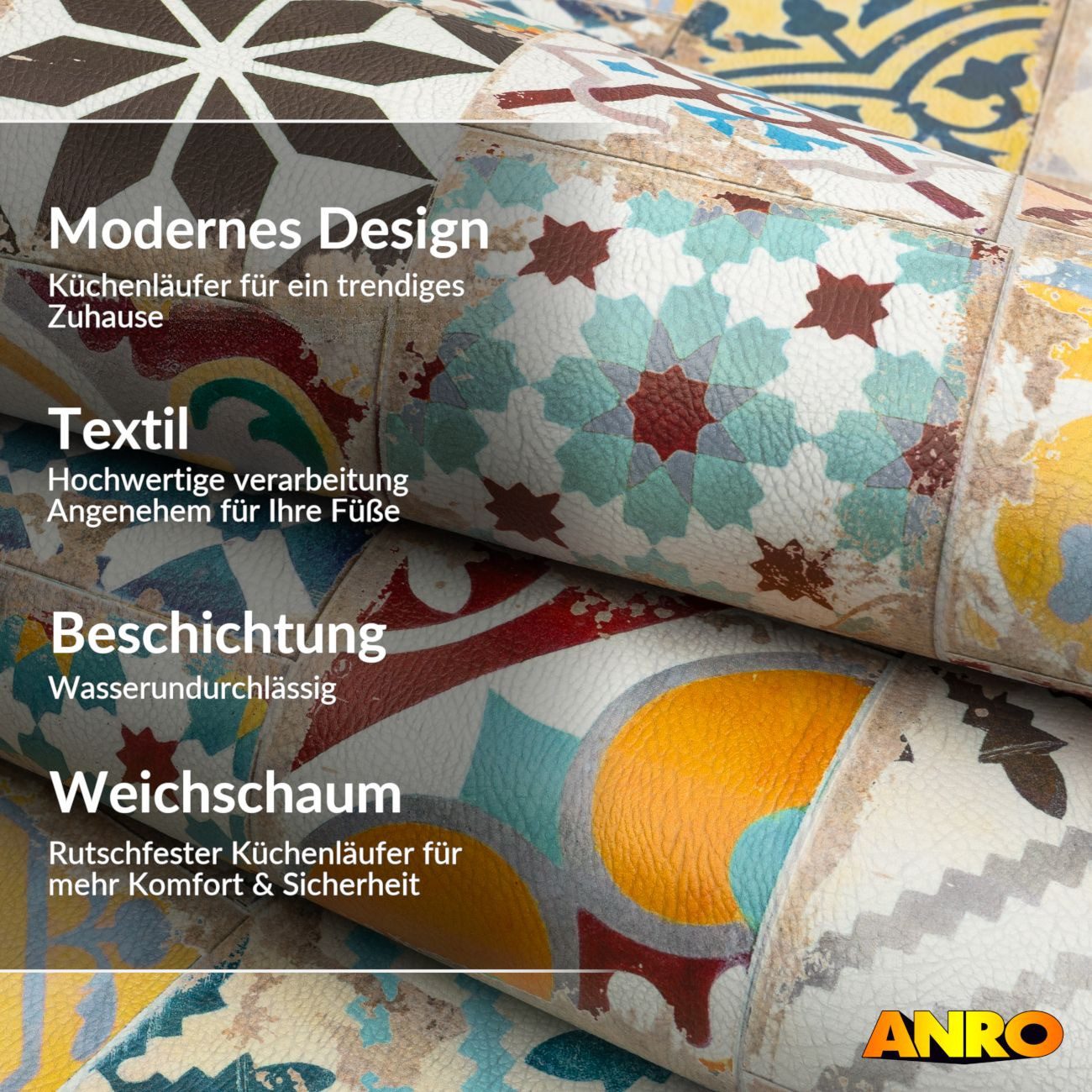 ANRO Küchenläufer abwaschbar Fliesenmix LADY Läufer pflegeleicht Küchenteppich, Rechteckig, Höhe: 3 mm, robust schmutzabweisend 67x100cm Oriental Bunt robust – Bild 2 von 5