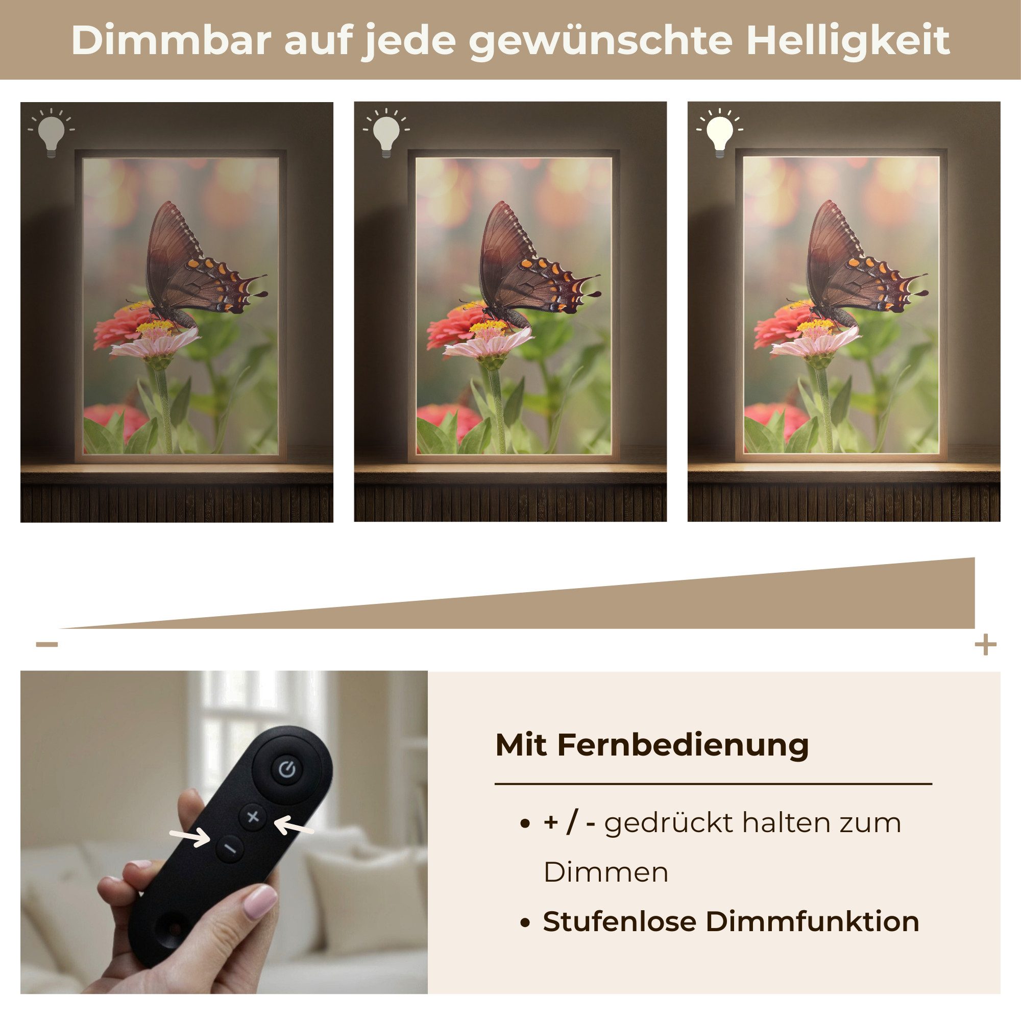 OnlyWow Wandleuchte Lightbox Blumen - Schmetterling - Natur - Blume, Dimmbar, Farbwechsel, LED, Warmweiß, Kaltweiß, Neutralweiß Einstellbar, Wandlampe Innen, Dimmbar, Aufladbarer USB Akku, LED, Beleuchtung