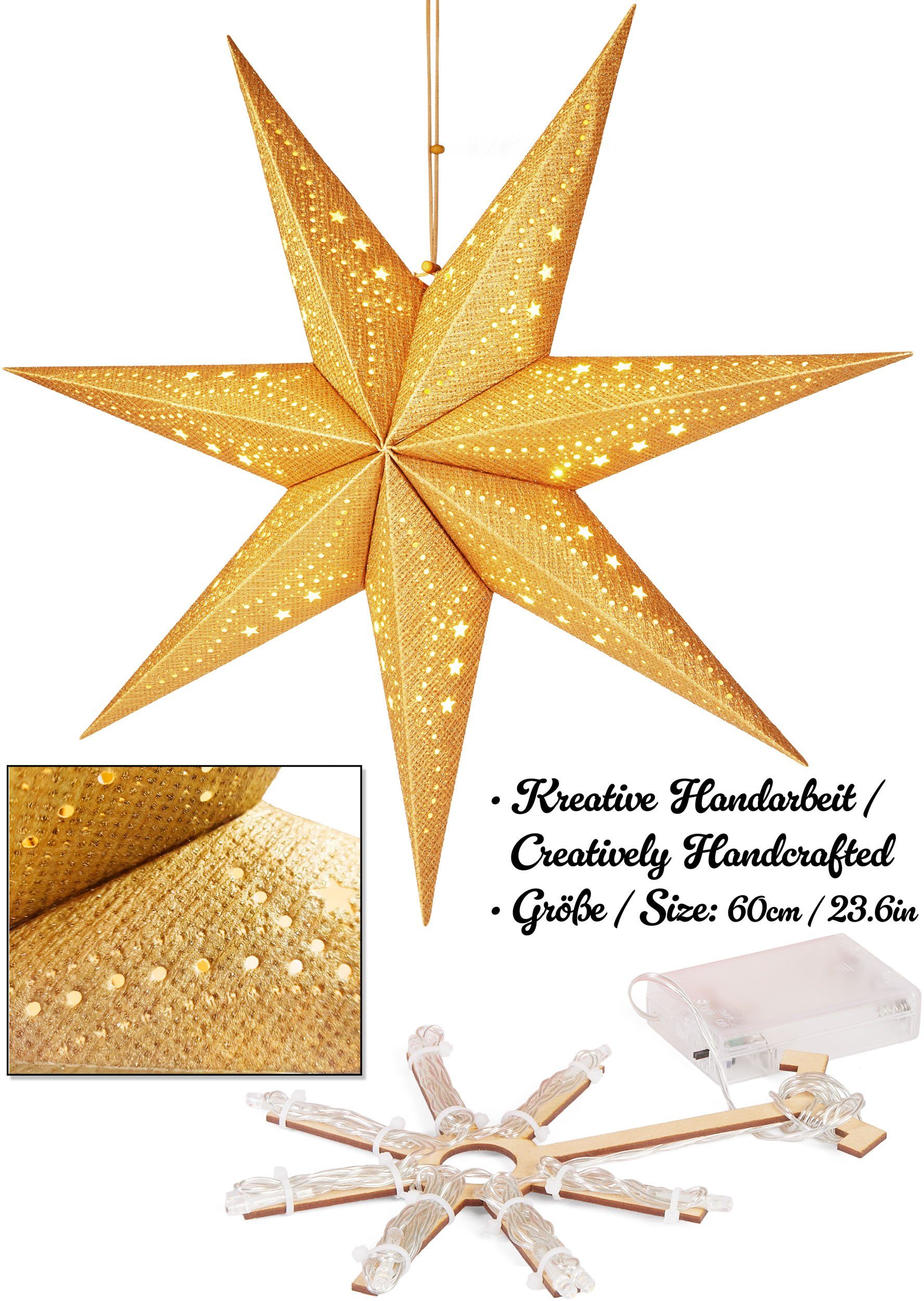 BRUBAKER LED Stern 3D Weihnachtsstern zum Aufhängen - LED Papierstern mit Timer, Batteriebetrieben und Beleuchtet, LED fest integriert, Warmweiß, 60 cm Adventss – Bild 3 von 5