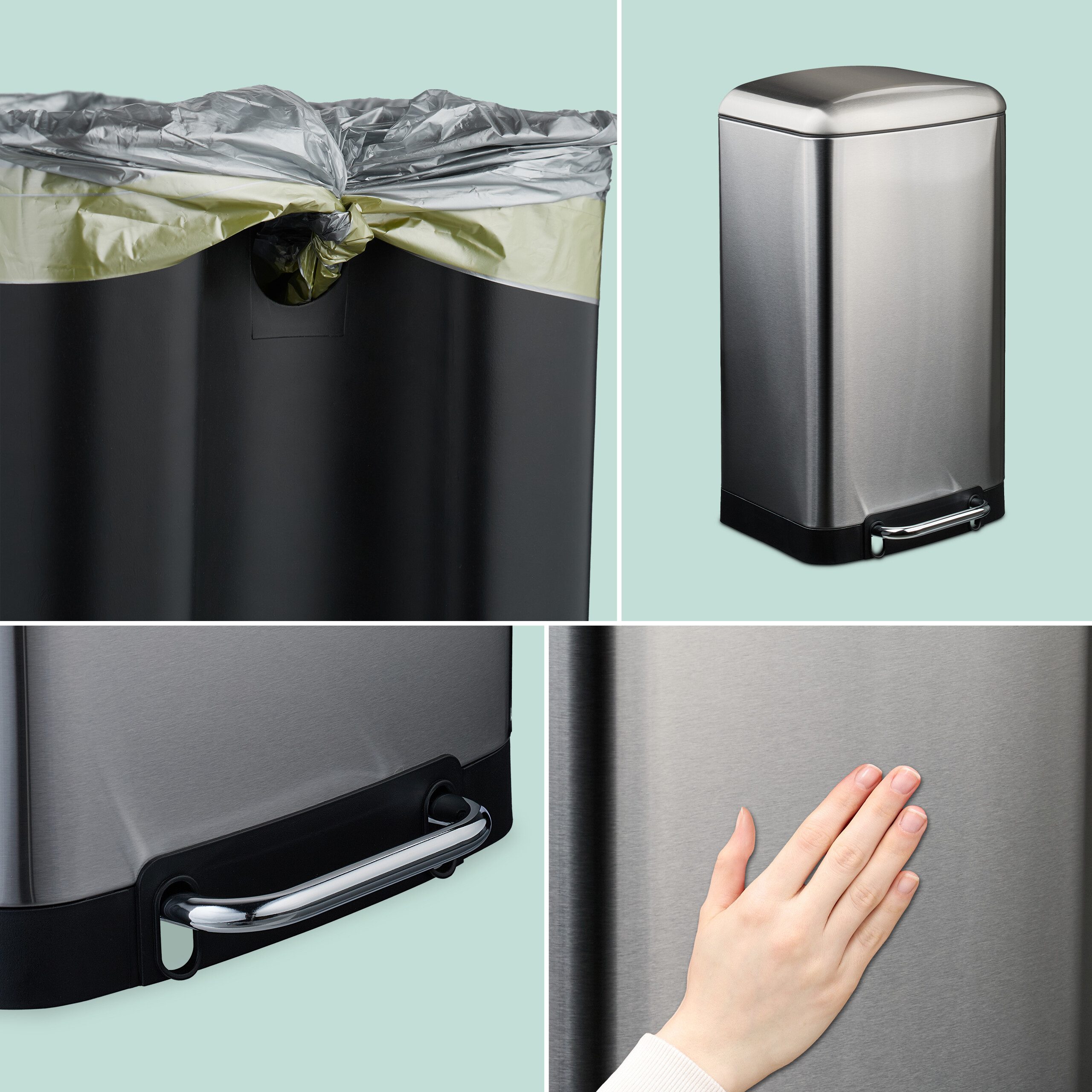 relaxdays Mülleimer Küche 30 Liter mit Müllbeutel, silber