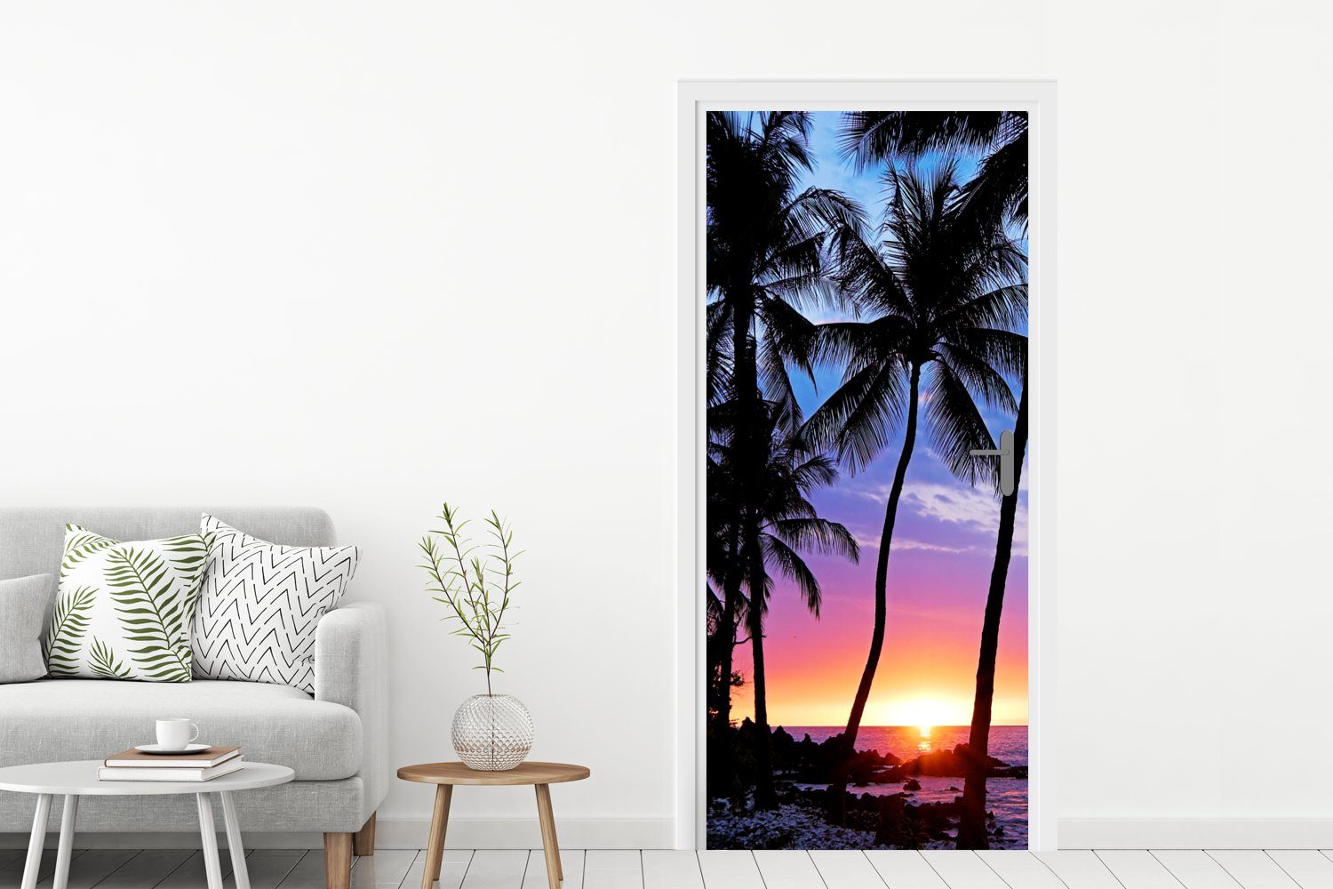 Matt, Eine Sonnenuntergangs 75x205 Silhouette für auf Türaufkleber, (1 Palmen MuchoWow cm Tür, bedruckt, St), von eines Fototapete Hawaii, während Türtapete
