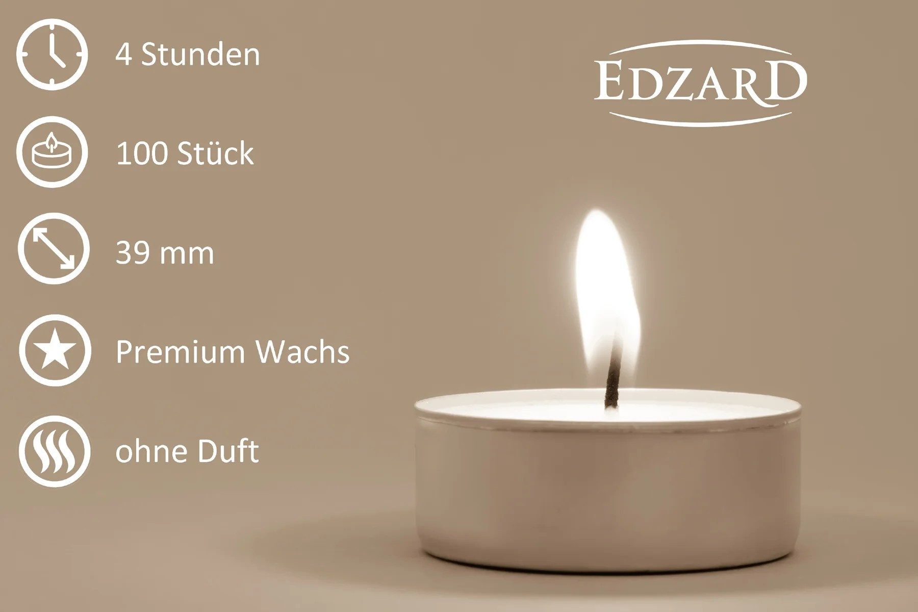 EDZARD Teelicht Teelichter 100 Stück Ø 39 mm Premium Wachs im Alu-Cup (Set), Kerzen-Set aus Premium Wachs mit Alu-Cup, Wachskerze ohne Duft – Bild 4 von 4