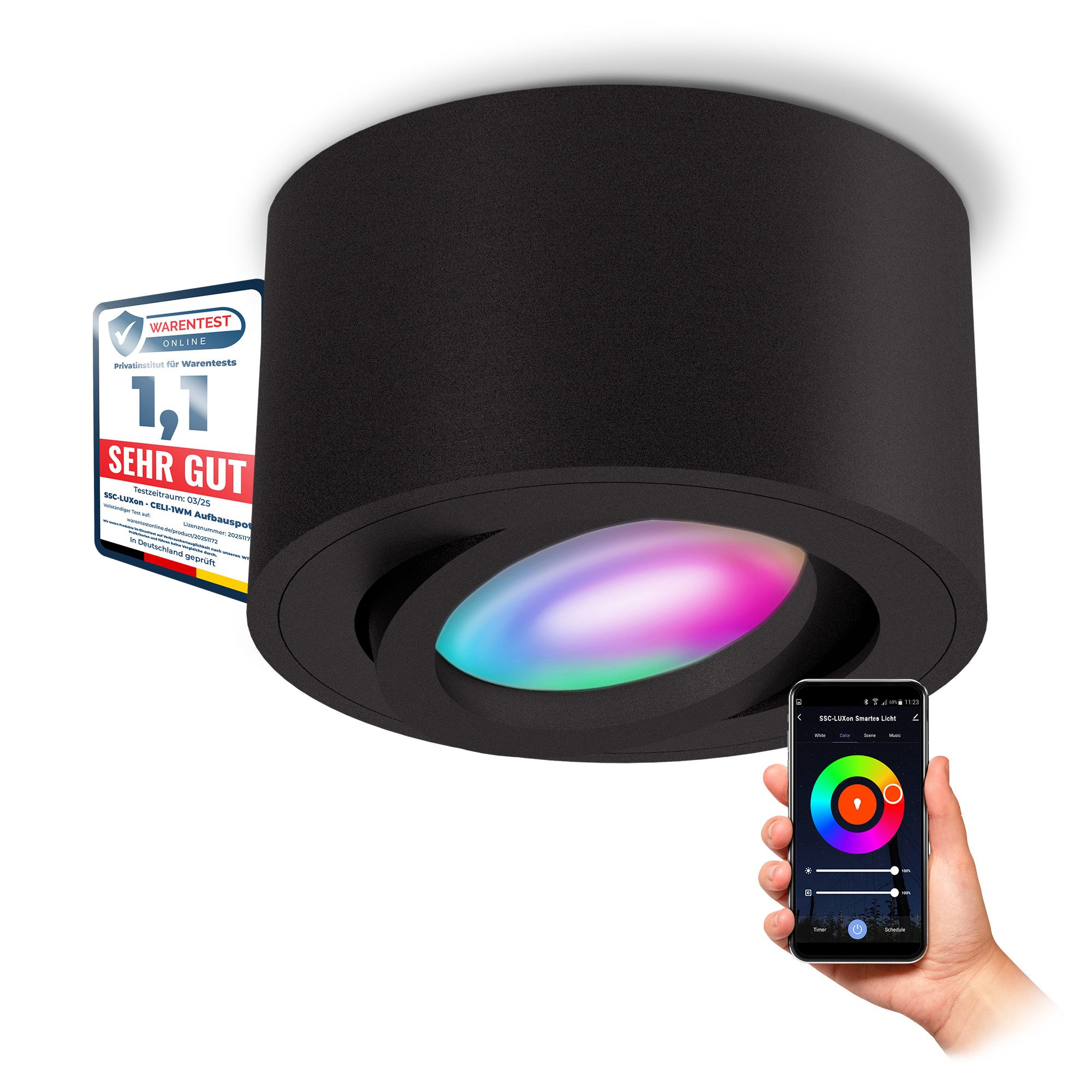 SSC-LUXon LED Aufbaustrahler CELI-1BM Aufbauspot schwarz flach schwenkbar mit LED RGB WiFi, RGB & Weißtöne