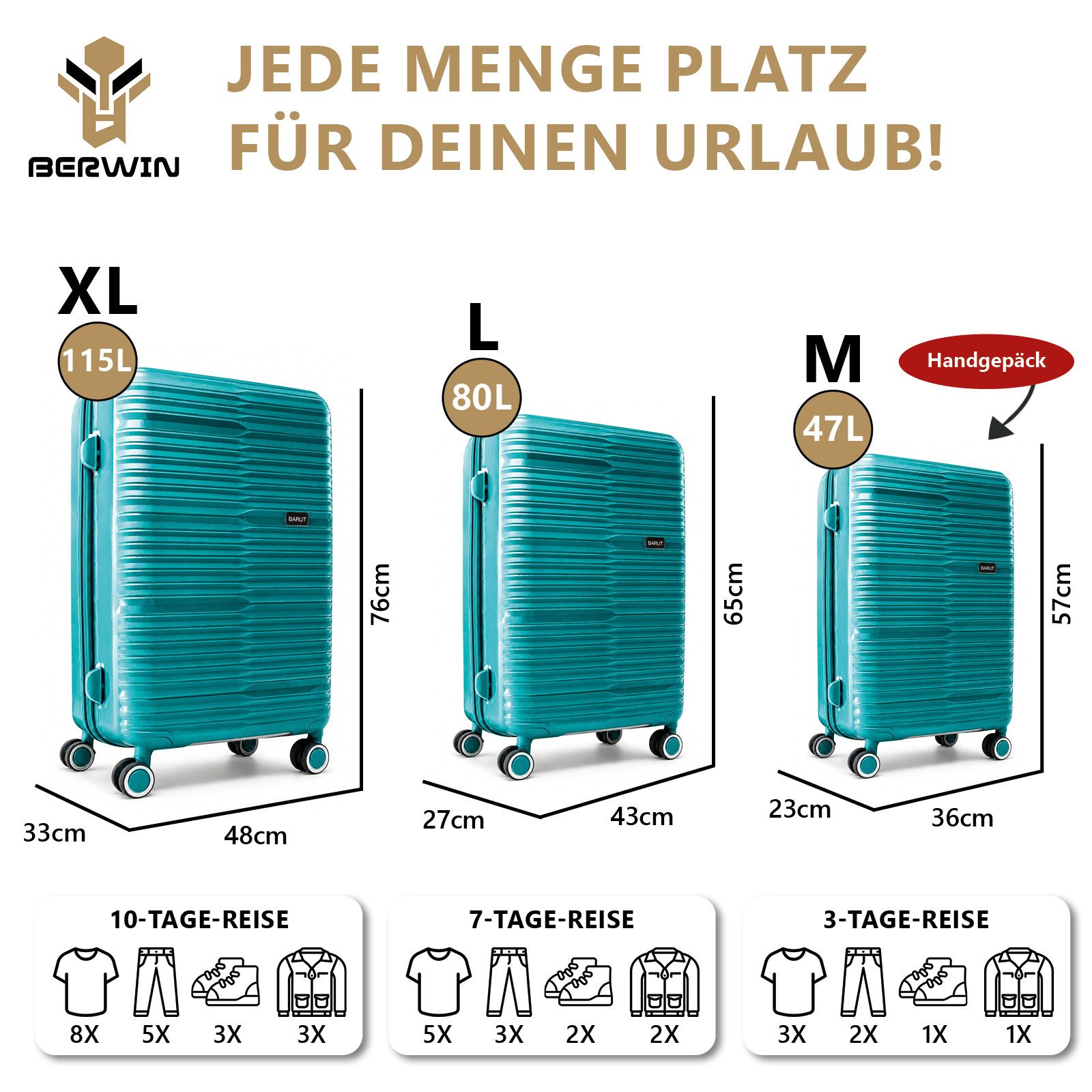 Barut Trolleyset PP Reisekofferset Korallenblau, (Set, 3 tlg., MS-19063)