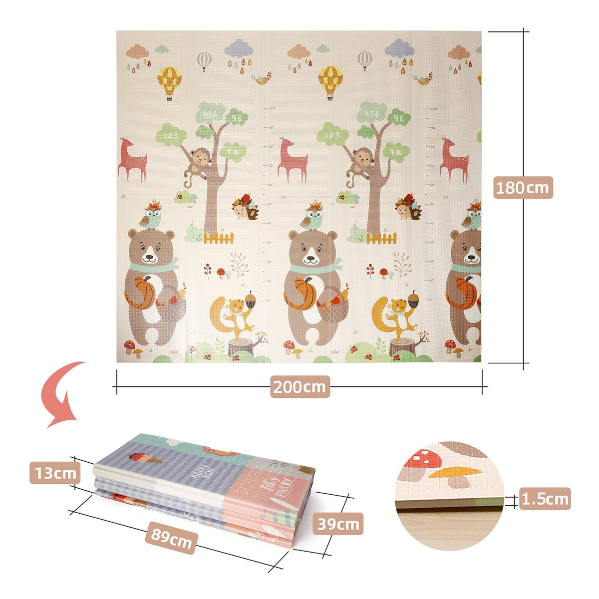 FOXSPORT Spielmatte faltbar Baby Spielmatte (Kinderteppich 180 x 200 x 1 cm, Babyspielbogen), wasserdicht Krabbelmatte doppelseitig, BPA frei & sicher für kleinkind