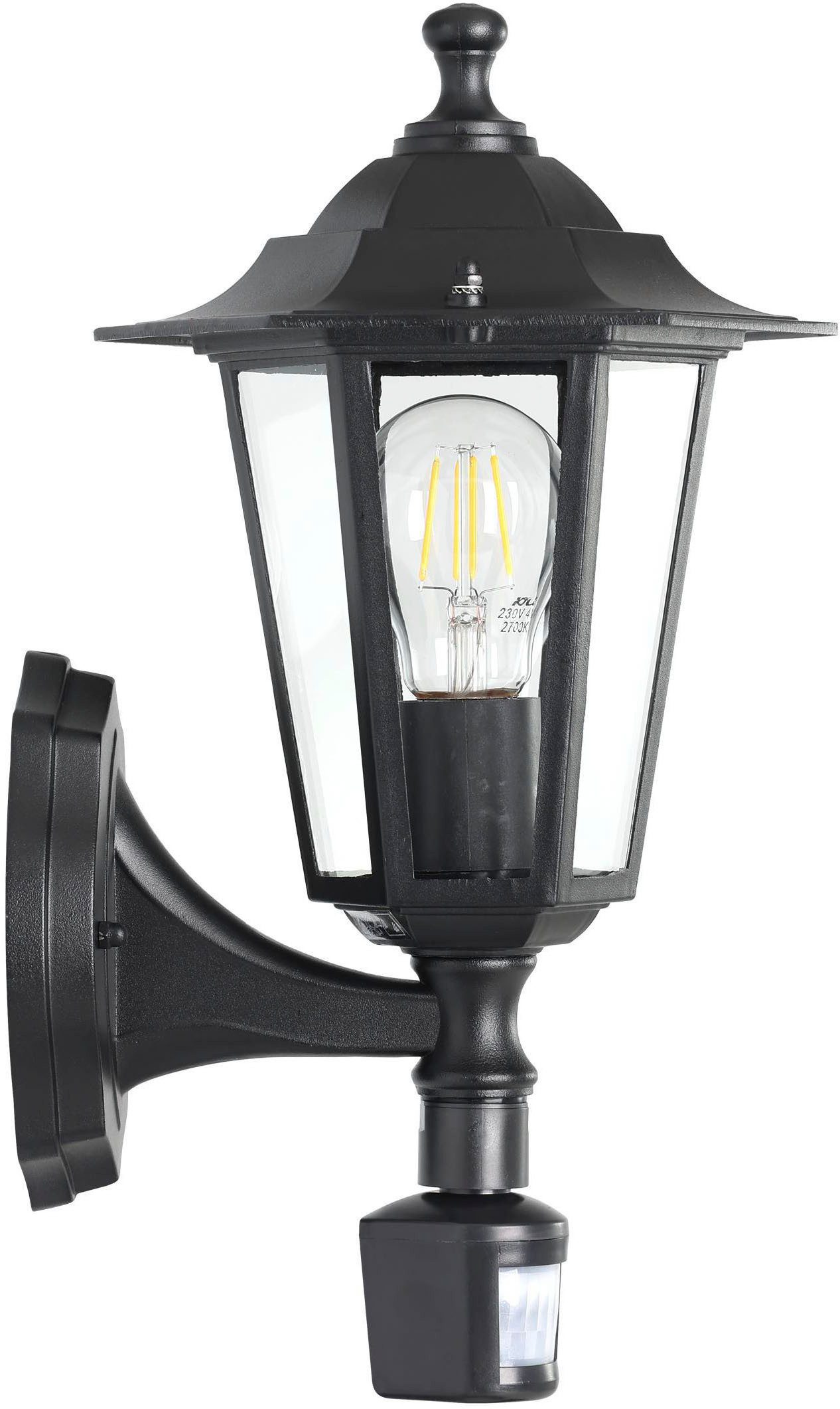 EGLO Wandleuchte Laterna 4 Außen-Wandlampe, Außenleuchte, Aluguss und Glas, E27, IP44, Bewegungsmelder, Sensorschalter, ohne Leuchtmittel, Wand-/Deckenleuchte - L16,5 x H36 x AL21,5 cm - schwarz - 1X60W exkl.