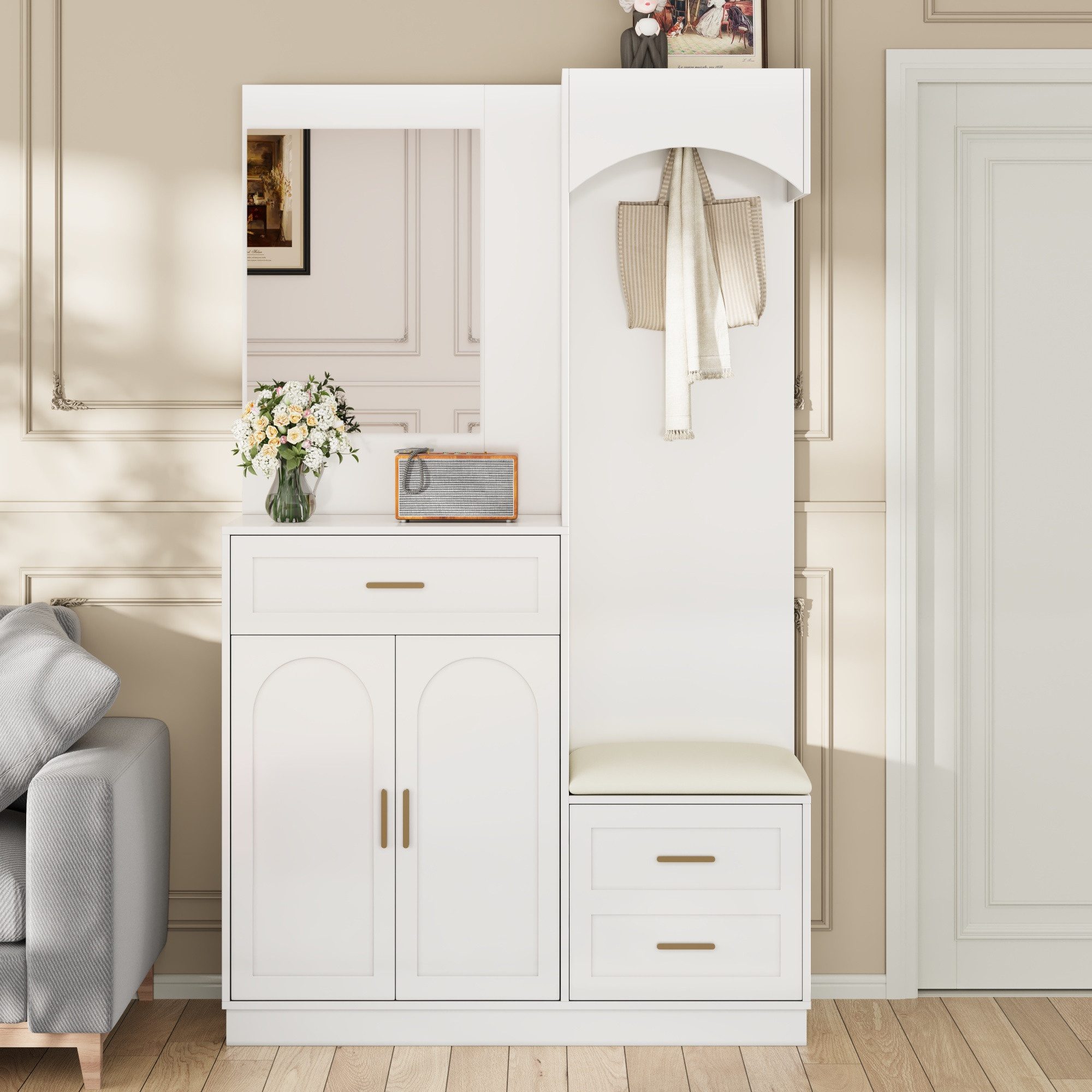 KLAM HOME Garderoben-Set Moderne Kompaktgarderobe mit Spiegel, (Multifunktionaler Garderobenschrank und Schuhkombination), Platzsparender Eingangsschrank mit Sitzbank