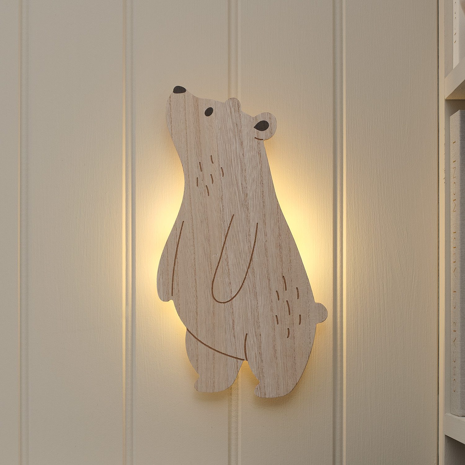 Lights4fun LED Wandleuchte Neugieriger Bär Wandlampe fürs Kinderzimmer mit Fernbedienung in Warmw