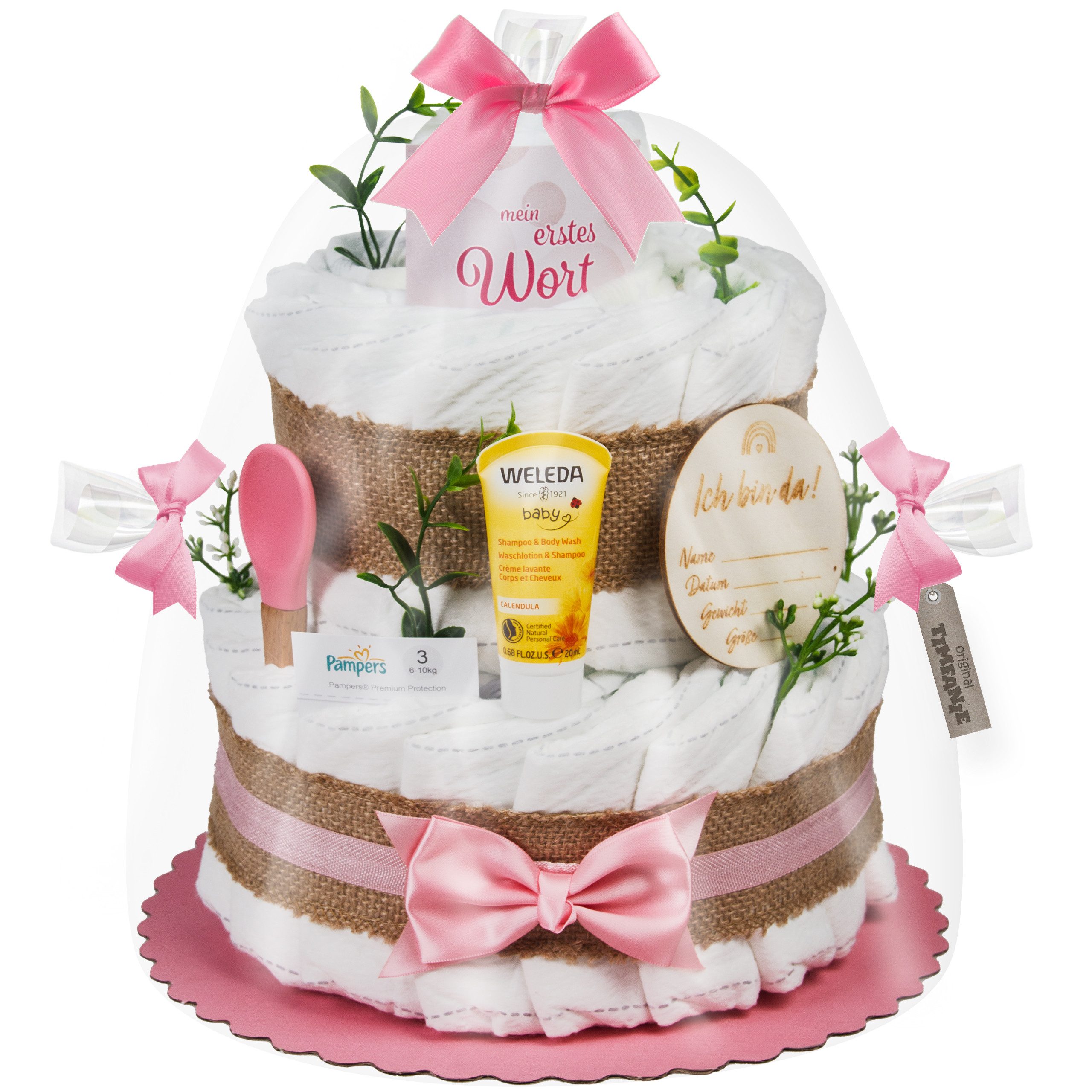 Timfanie Windeln Windeltorte, Boho Baby-Cake, rosa, 0-8 Monate (Handgefertigtes Geschenk - In Folie gehüllt, mit Schleifen verziert, 37-St., 20 Pampers Premium, 1 Marken-Kuscheltie, wertige Accessoires), Das Perfekte Geschenk zur Geburt oder Babyparty.