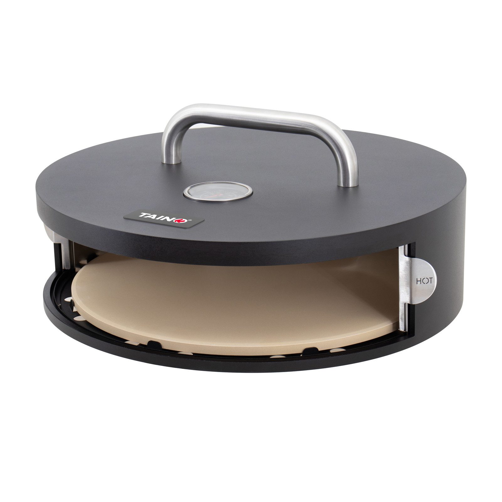 TAINO Pizzaofen-Grillaufsatz Pizzabox, rund, Pizzastein aus Cordierit, mit Tür, Stahl, Schwarz