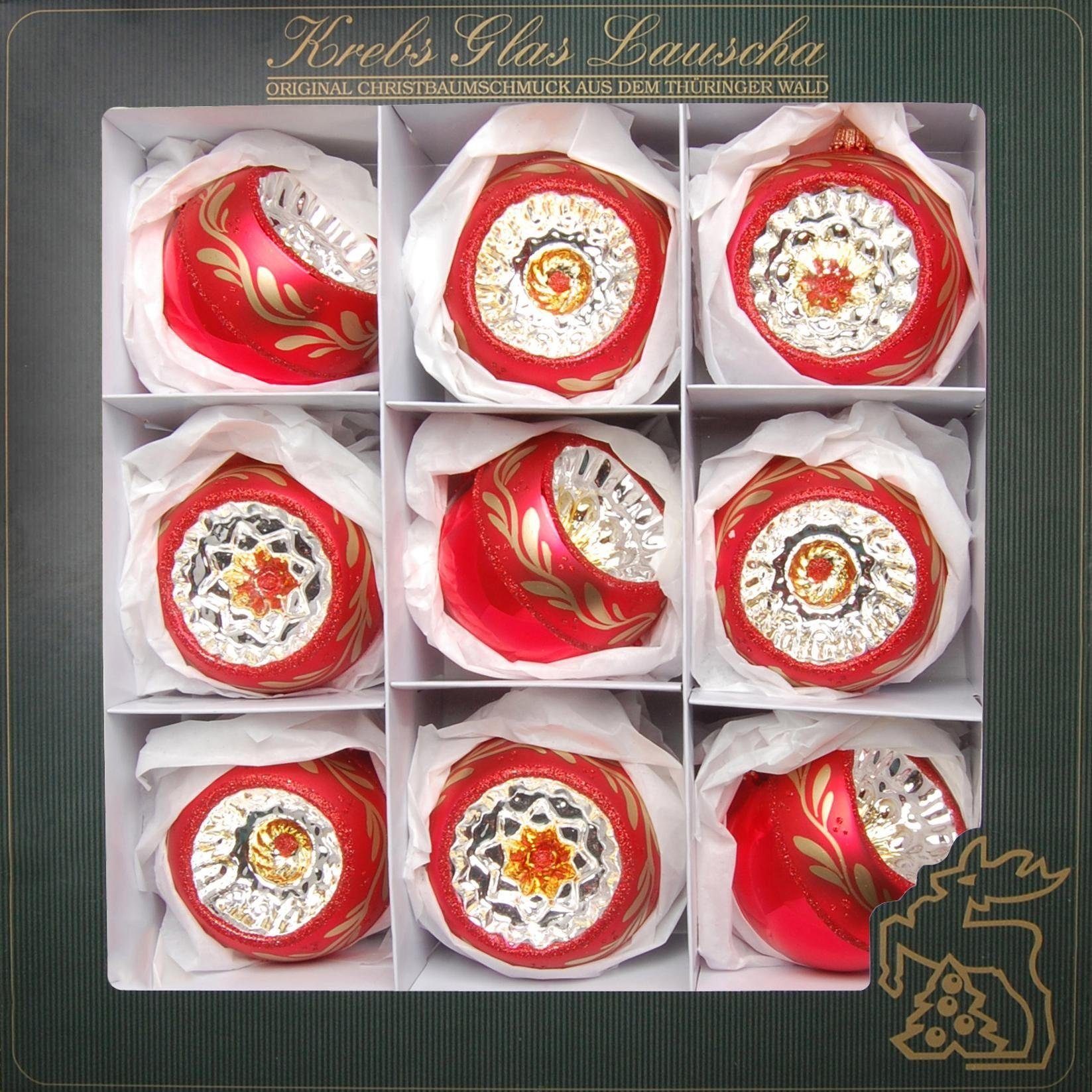 Krebs Glas Lauscha Weihnachtsbaumkugel Reflexstyle, Weihnachtsdeko rot, Christbaumschmuck (9 St), hochwertige Christbaumkugeln aus Glas, mundgeblasen, rot