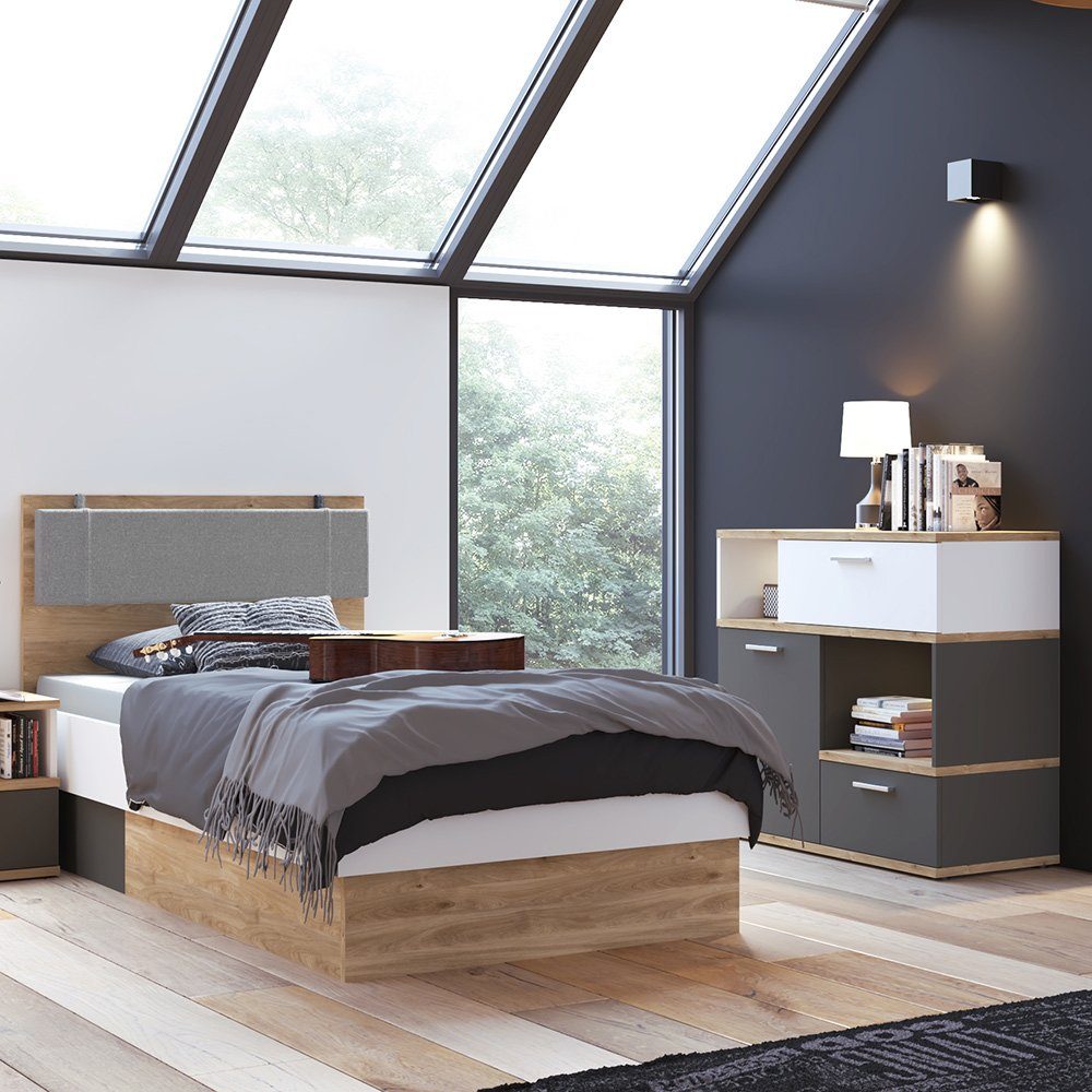 Lomadox Jugendzimmer-Set TOMAR-129, (Sparset, 2-tlg), mit 90x200cm Bett, Sideboard mit Beleuchtung, Eiche mit weiß und grau