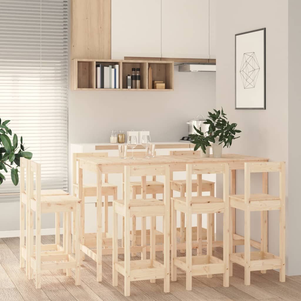 furnicato Bargruppe Bar-Set aus massivem Kiefernholz, 180x80x110 cm, naturfarben, (1-tlg), Rustikale Stehgruppe mit 8 Barhockern und stabiler Tischplatte