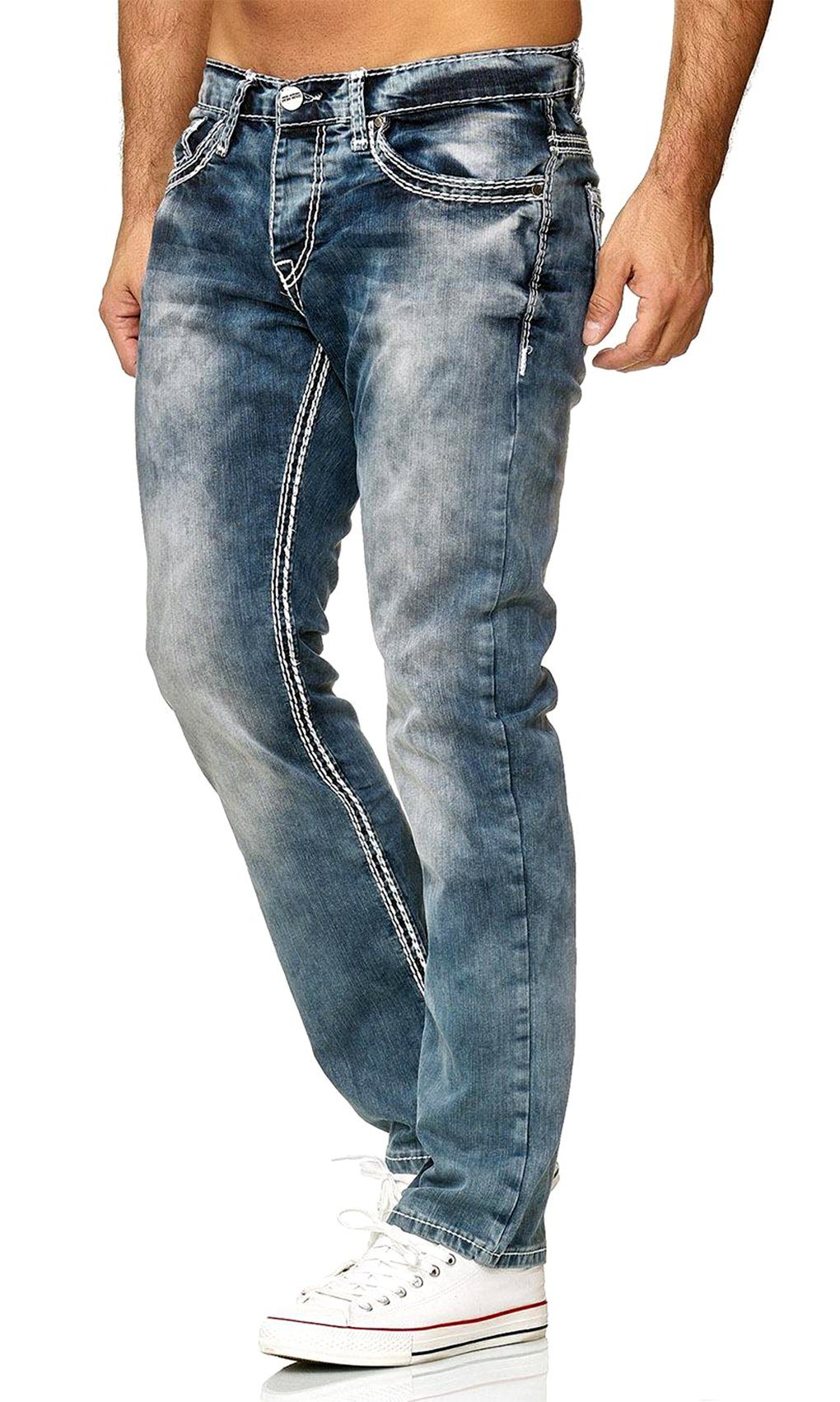 Baxboy Regular-fit-Jeans Herren Jeans Dicke Neon-Naht Straight Fit Denim Stonewashed Stretch 9574 Blau(Weiss)
