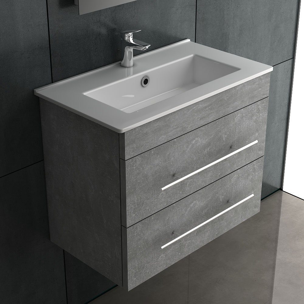 Alpenberger Waschbecken mit Unterschrank - Badschrank Grau - Badmöbel Set 60 cm Breit (Waschplatz aus Handwaschbecken mit Unterschrank, 2-St., 2-tlg. Vormontiert), Lotuseffekt, leichte Reinigung, mit Überlauf, 2 Softclose Schubladen