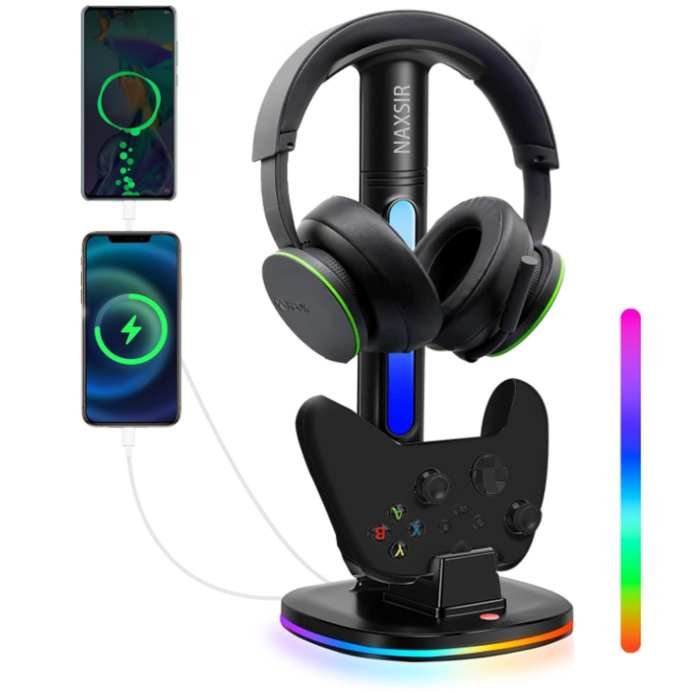 KINSI Ladestation für Xbox Controller & Headset mit RGB-Beleuchtung Zubehor für Xbox Contoller (Abnehmbarer Halter für Xbox,Kabelloses Laden & Aufbewahrungsständer)