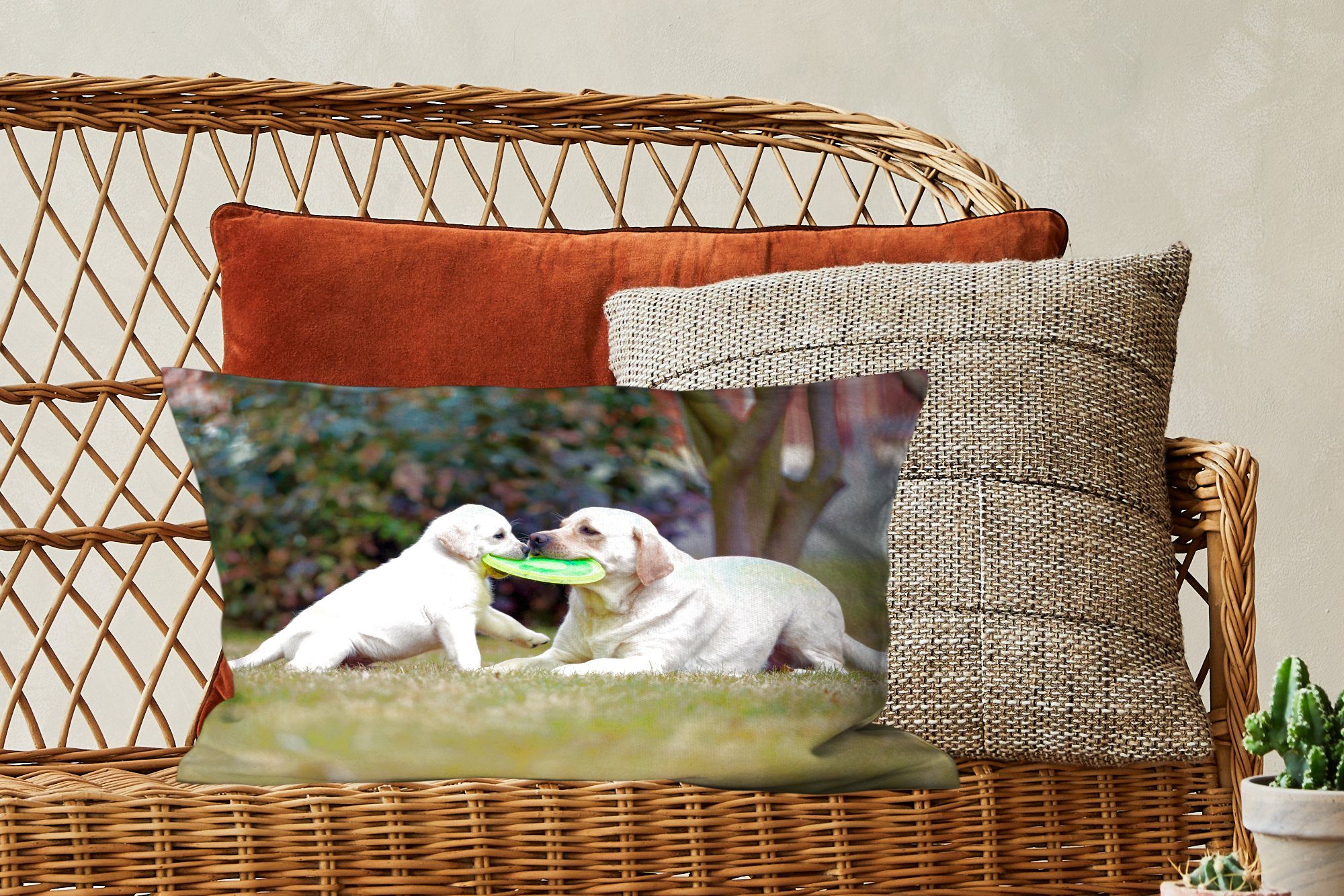 MuchoWow Dekokissen Hund mit seinem Dekokissen Welpen Füllung, einem mit Zierkissen, Schlafzimmer Frisbee, und Dekoration, Wohzimmer