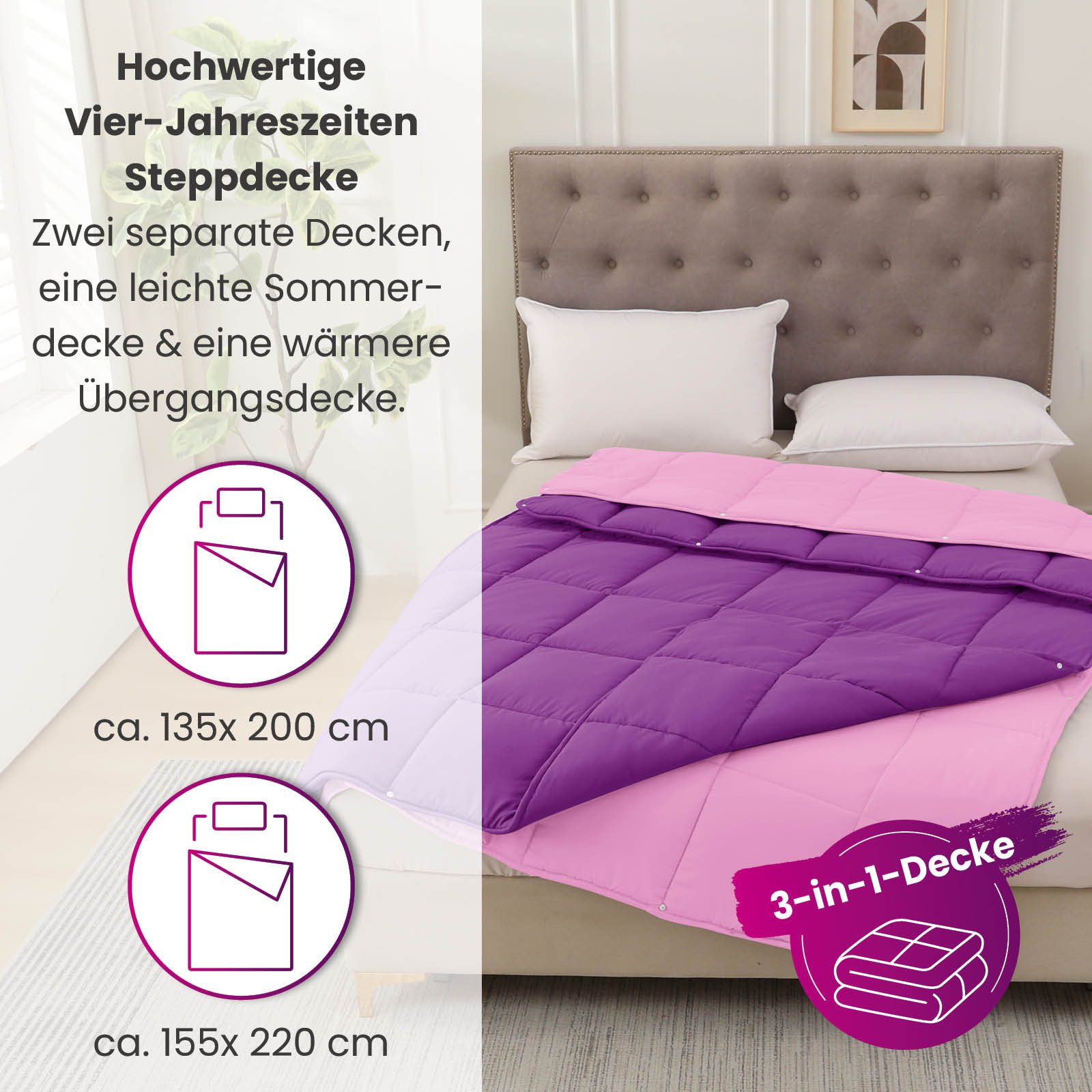 wometo Microfaserbettdecke 4-Jahreszeiten Steppbett Bi-Color, 2 Deckengröße günstig online kaufen
