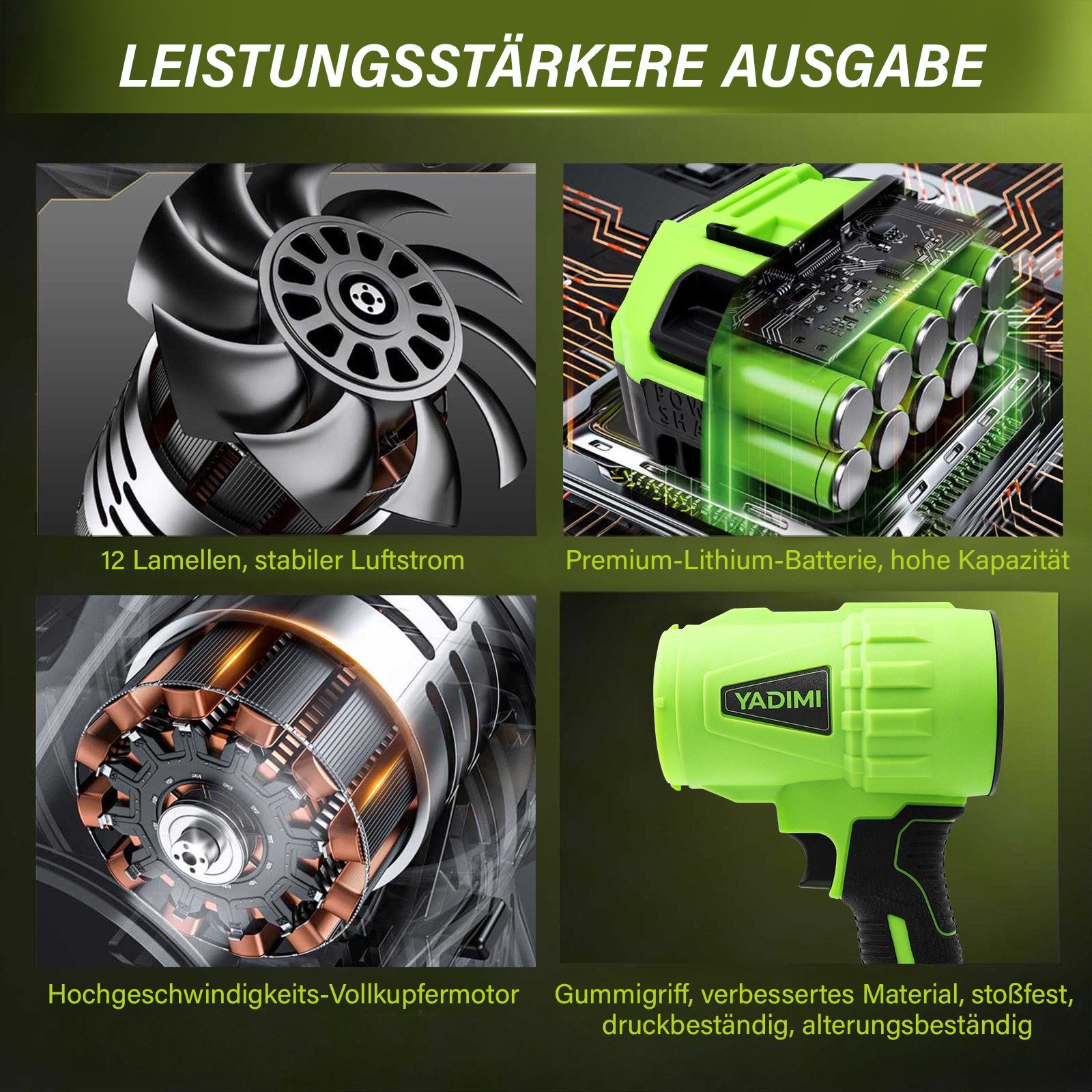 YADIMI Akku-Laubbläser BFJ-001, Elektrischer Laubbläser mit Akku und Ladegerät, (inkl. Akku und Ladegerät), Mit 21V-Akku & Ladegerät, leichter Gartenbläser für Terrassenpflege