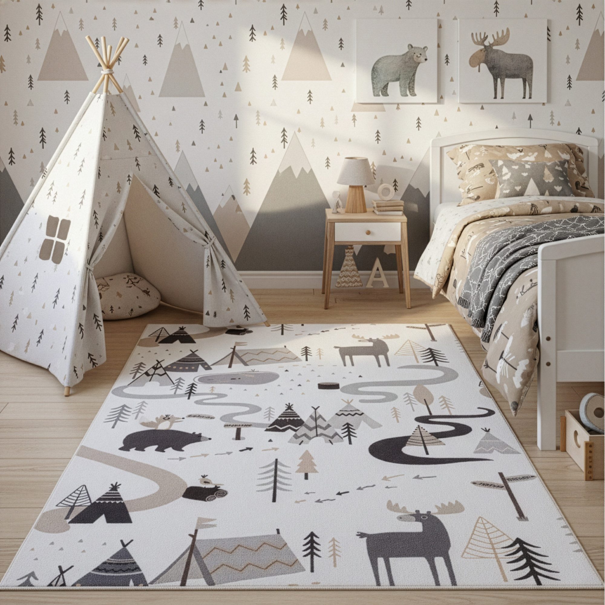 Ayyildiz Teppiche Kinderteppich COCO 1135, auch in rund erhältlich, rechteckig, Höhe: 8 mm, Waschbar bei 30 °C, rutschhemmend, OEKO-TEX® zertifiziert, Waldtiere