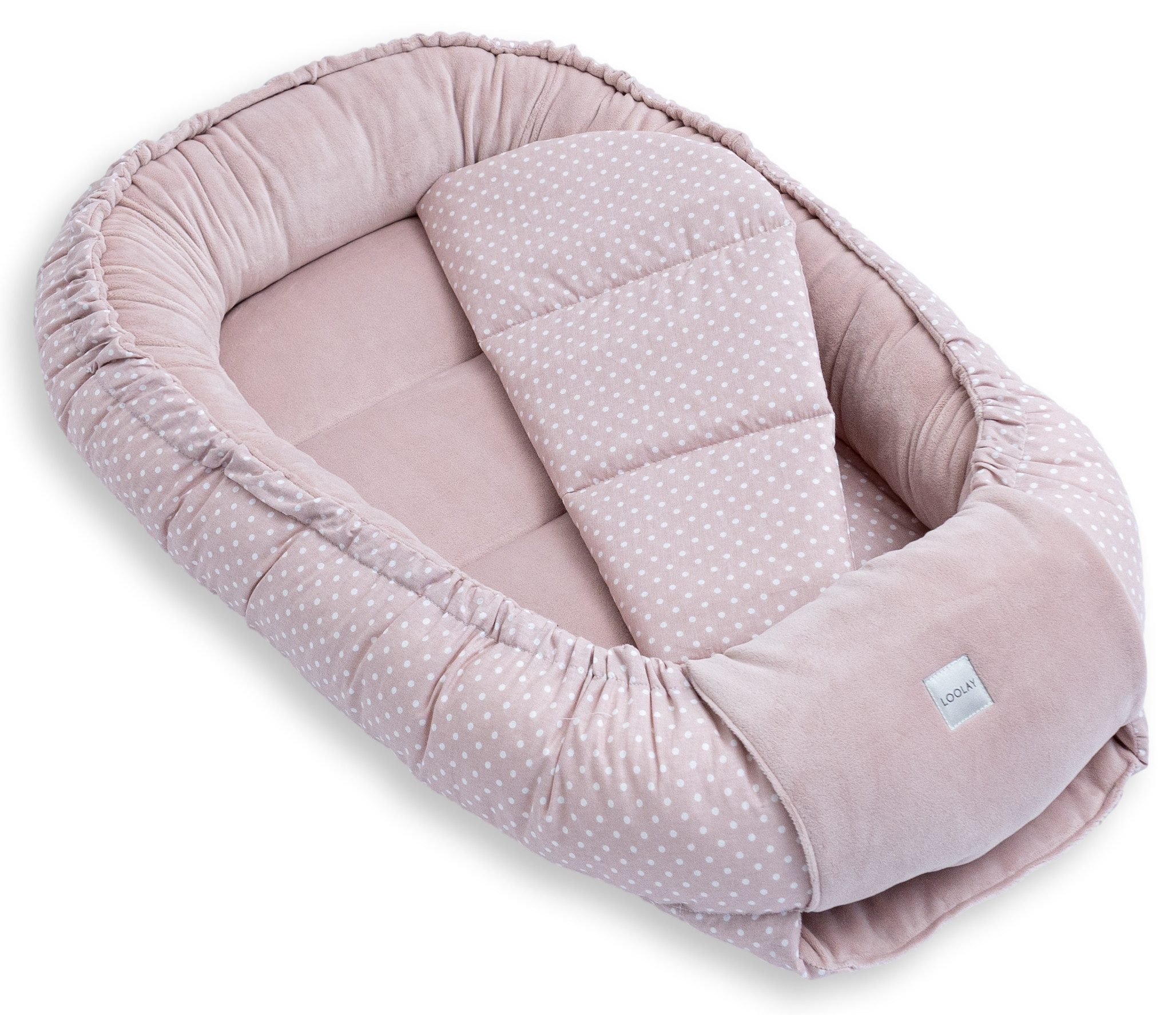 Loolay Kuschelnest BABYNEST 5 TLG. Set PREMIUM Babyausstattung Baumwolle & Samt Velours, (MUSTER: ROSA Samt Velour/ Mini PUNKTE Rosa, 5-tlg., Liebevoll handgefe – Bild 4 von 5