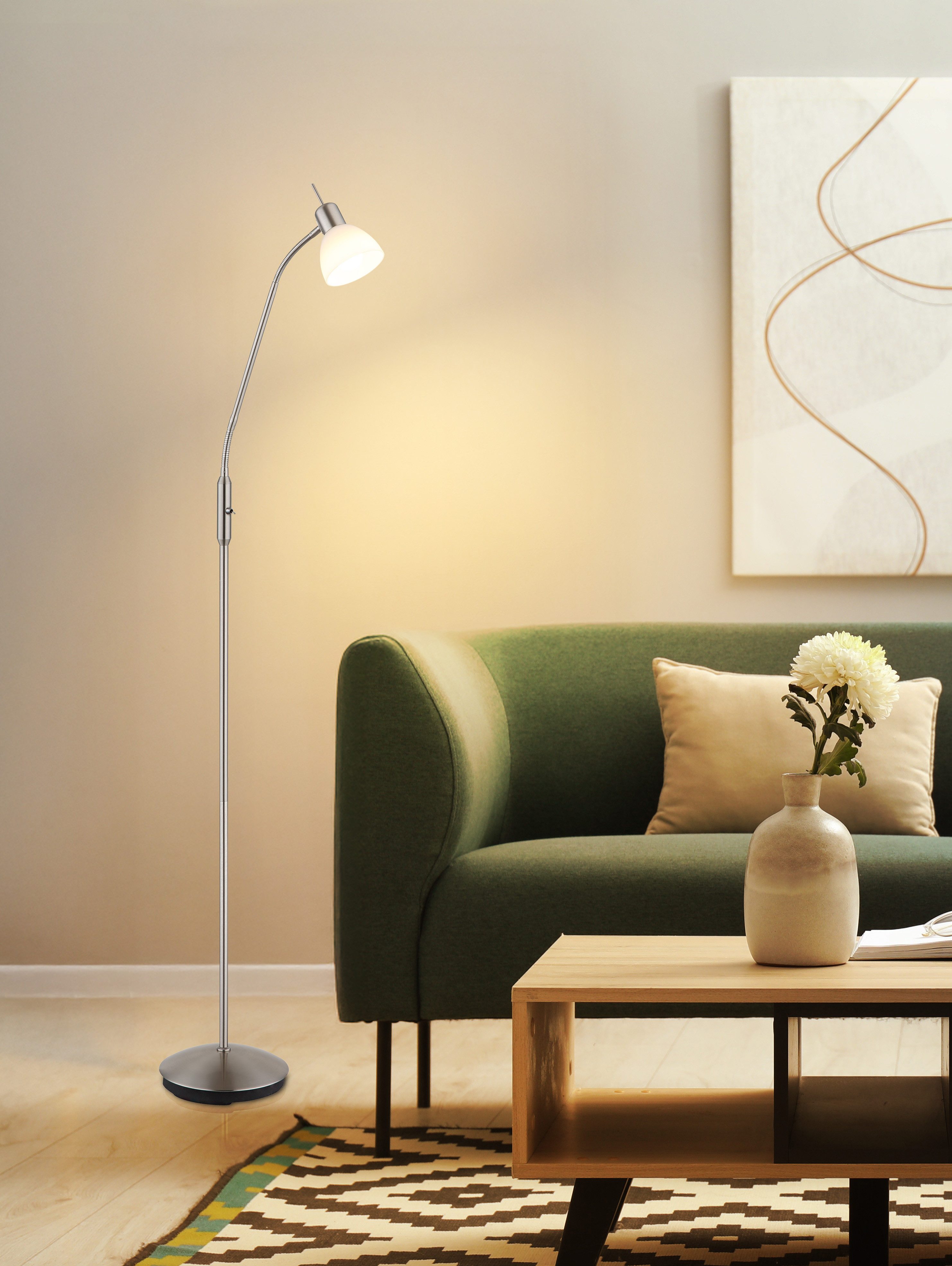 NOWA Stehlampe MALTE, Leuchtmittel wechselbar, Warmweiß, Stehleuchte Nickel matt mit Glas opal, E14 LED 5W, Flexo