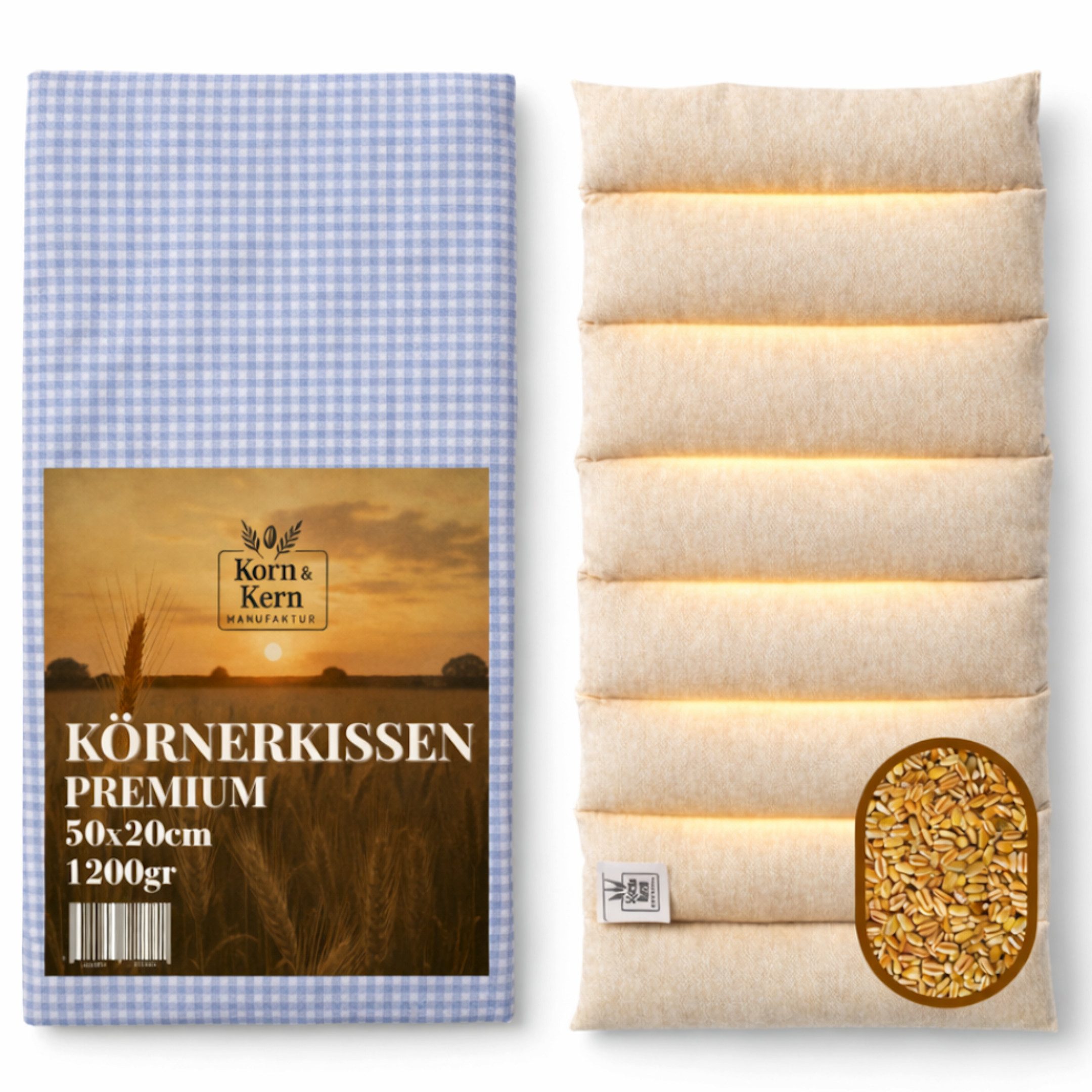 Korn & Kern Manufaktur Wärmekissen Körnerkissen XXL 50×20 cm – 1200g Premium Wärmekissen mit Bezug –, (1-tlg), Extra Großes Mikrowellenkissen – Kirschkernkissen-Alternative