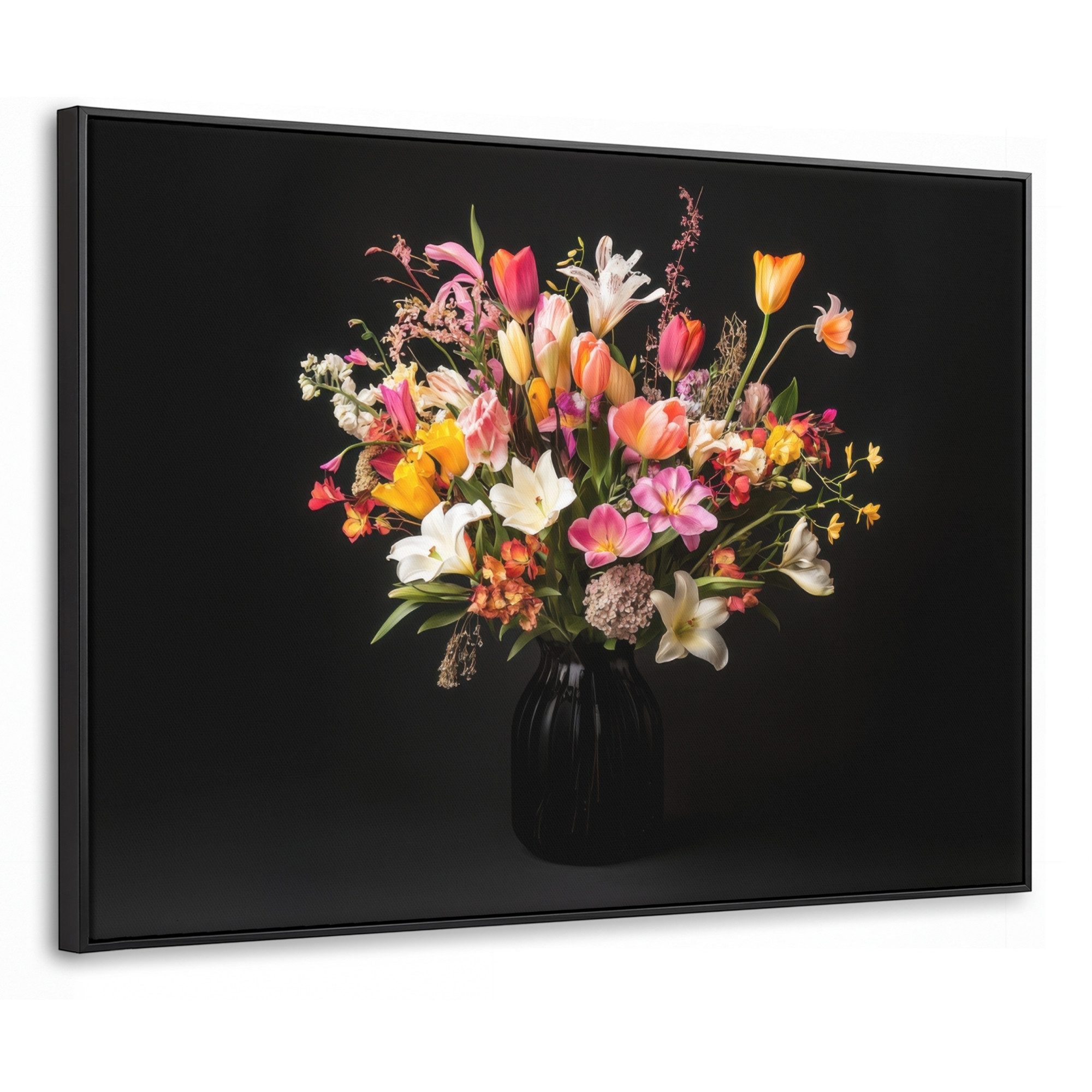 OneMillionCanvasses® Leinwandbild mit Rahmen - Vase - Blumen - Tulpen, Fotodruck (1 St), Canvas Wandbild, Schattenfugenrahmen, Wanddekoration 80x60cm