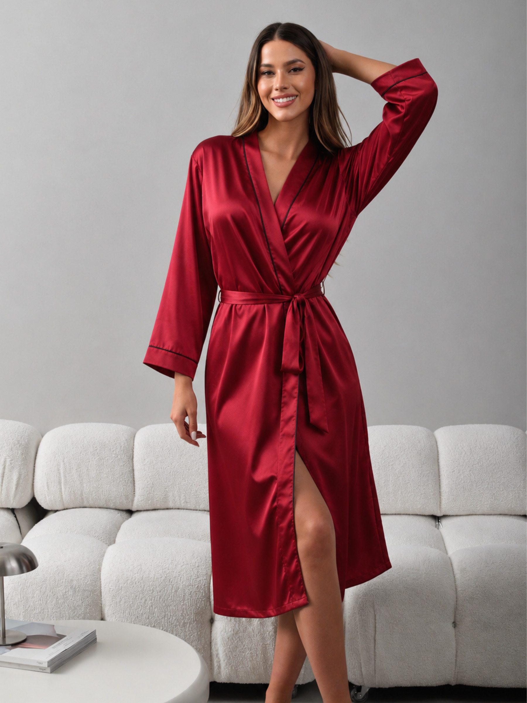 Elegant Love Morgenmantel Eleganter Satin Langarm-Pyjama mit V-Ausschnitt und Gürtel, Nachtgewand, Schlafbekleidung, Gürtel, sexy Nachtwäsche, Dessous für Damen
