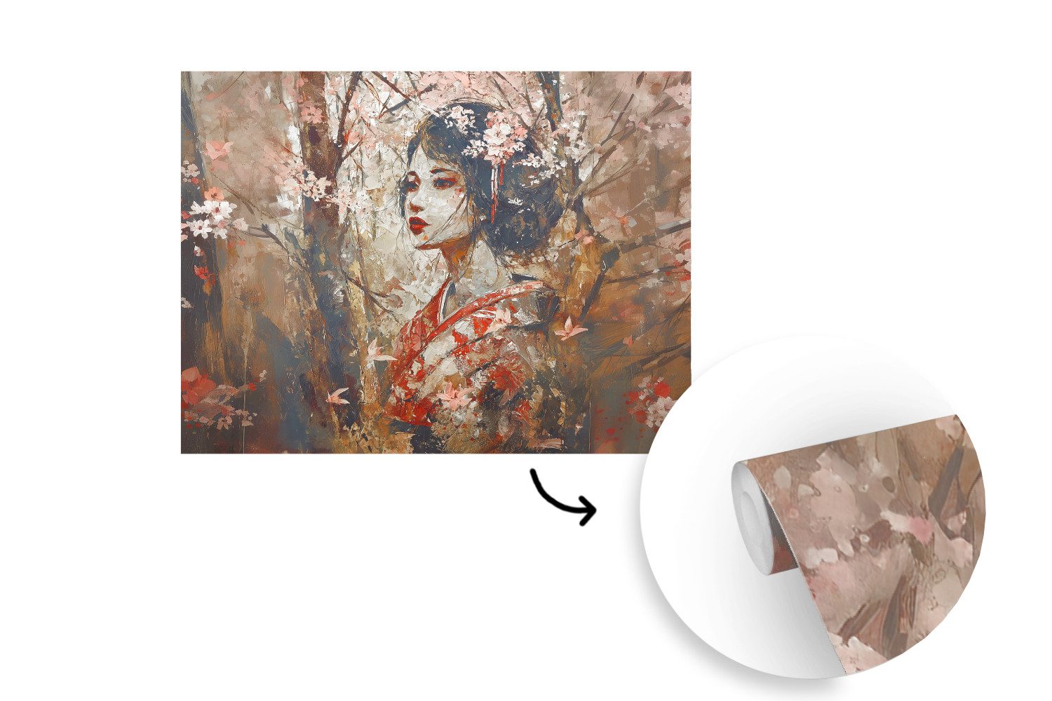 MuchoWow Fototapete Kimono - Frau - Kirschbäume, Matt, bedruckt, Montagefertig Vinyl Tapete, Wandtapete, 275x220 cm