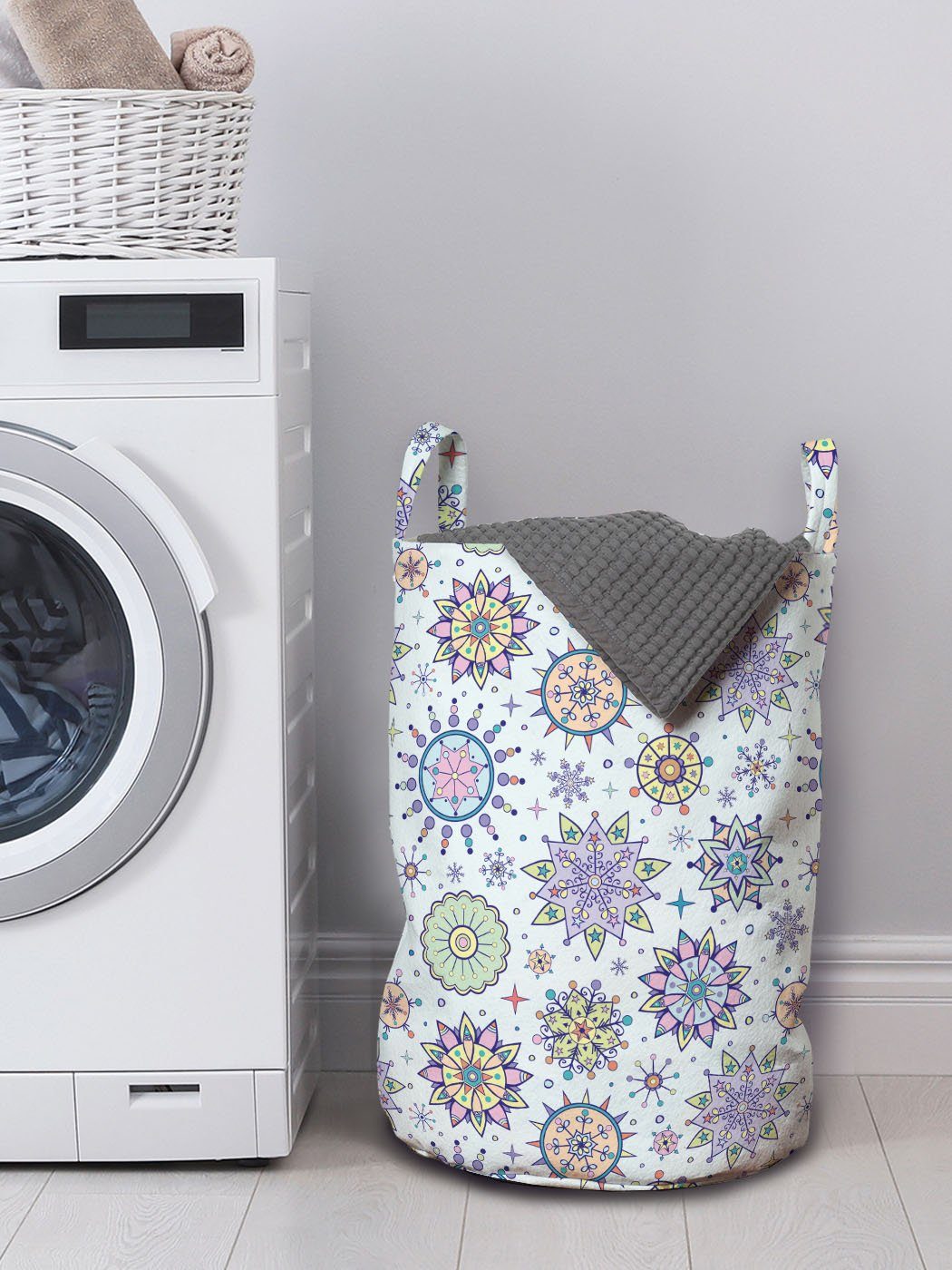 Abakuhaus Wäschesäckchen Wäschekorb mit Kordelzugverschluss Waschsalons, Blizzard Pastellblumen Griffen Winter für
