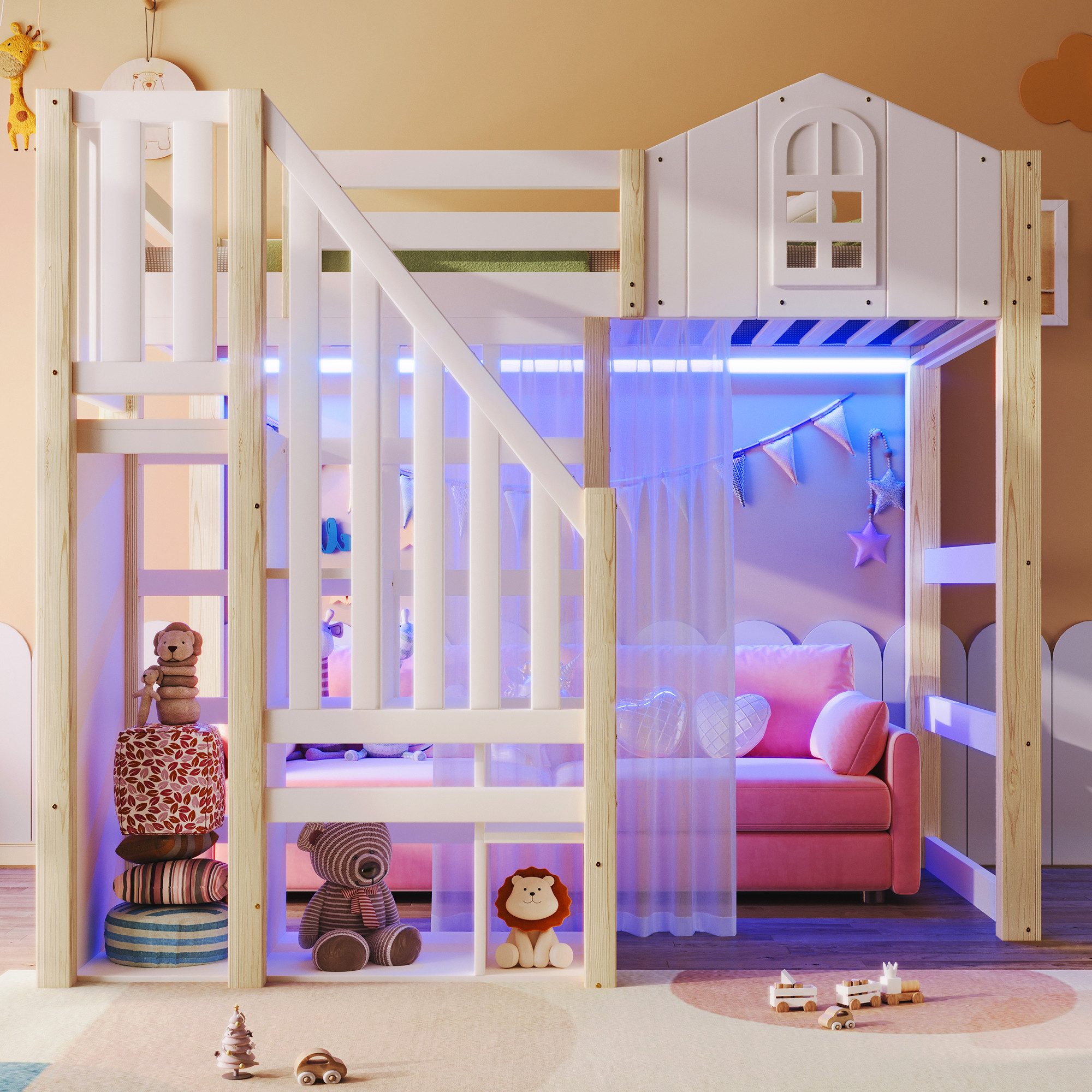 Merax Hochbett mit LED-Leuchten und offenem Stauraum (Jugendbett Stockbett, 1-St) Kiefernholz Kinderbett 140x200cm mit Ablageleiter Stauraumtreppe Gaze