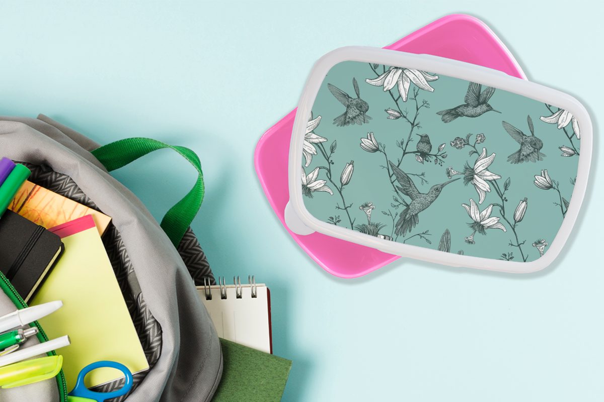 MuchoWow Vogel - Snackbox, Kunststoff Kinder, für Muster Mädchen, (2-tlg), Kunststoff, Lunchbox rosa Blume, Erwachsene, - Brotdose Brotbox