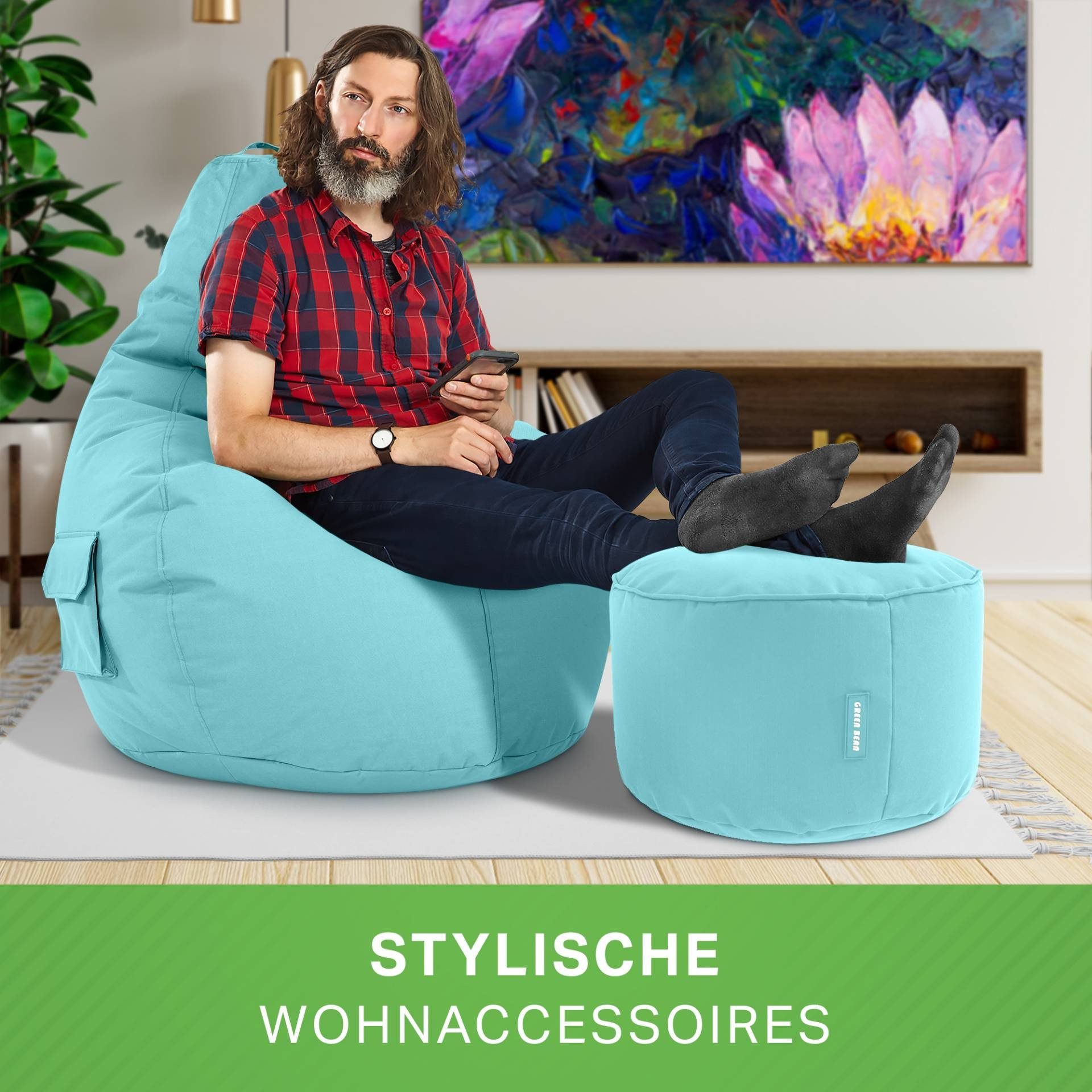 Cozy Stay, Relax-Sessel Sitzsack Set Sitzkissen, Gaming + Chair Aquamarin Sitzhocker, mit Green Bean