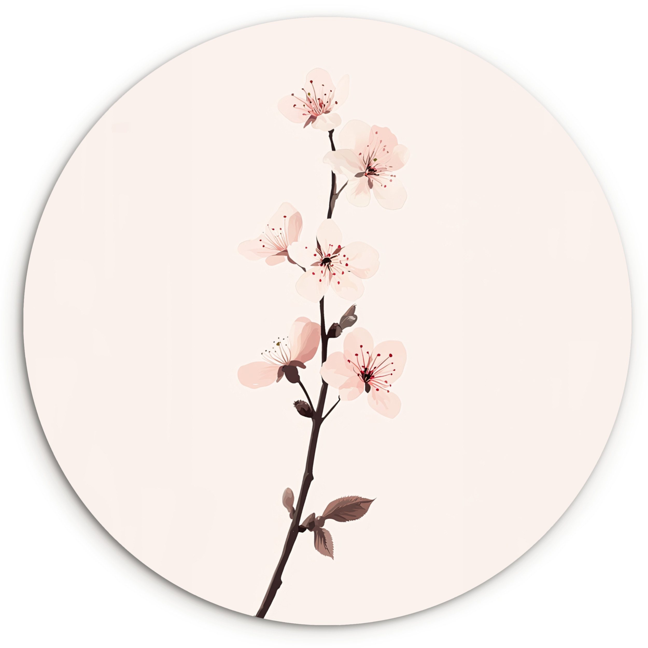 MuchoWow Gemälde Minimalistisch - Blüte - Zweig - Rosa, Fotodruck (1 St), Kreis Wanddekoration, Rundes Wandbild, 30x30 cm