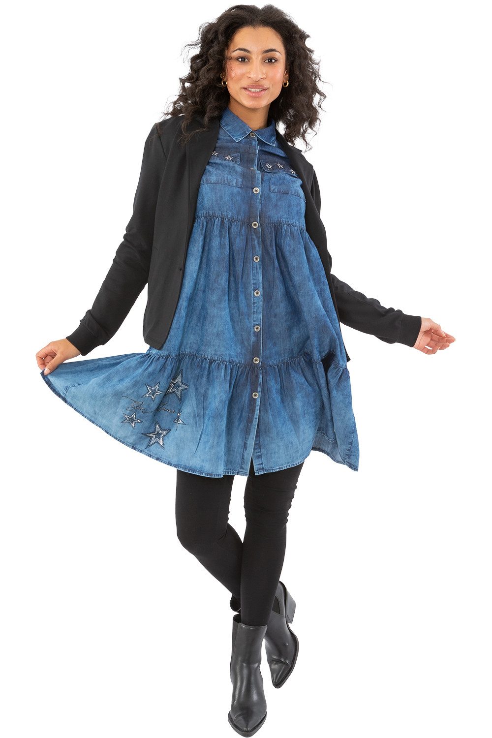 Gio Milano Jeanskleid G29-5104, mit Strassbesatz und Hemdkragen Strassbesat günstig online kaufen