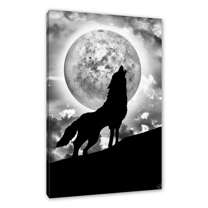 Pixxprint Leinwandbild Wolf heult Mond an Wanddekoration (1 St) Leinwandbild fertig bespannt inkl. Zackenaufhänger