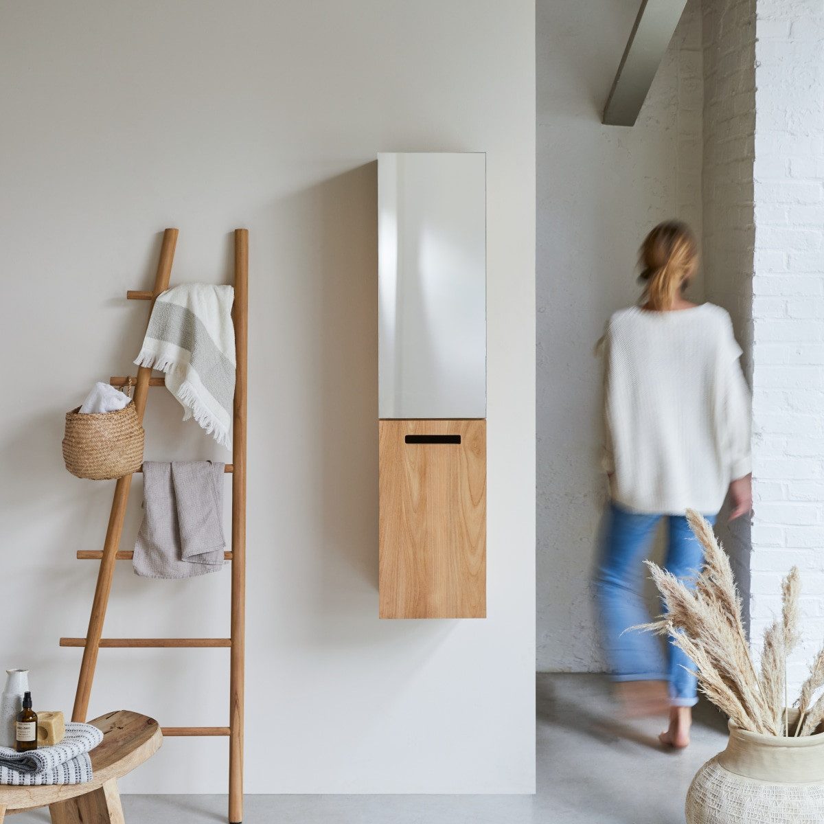 Tikamoon Hochschrank Schrank Teakholz Spiegel 130 Line