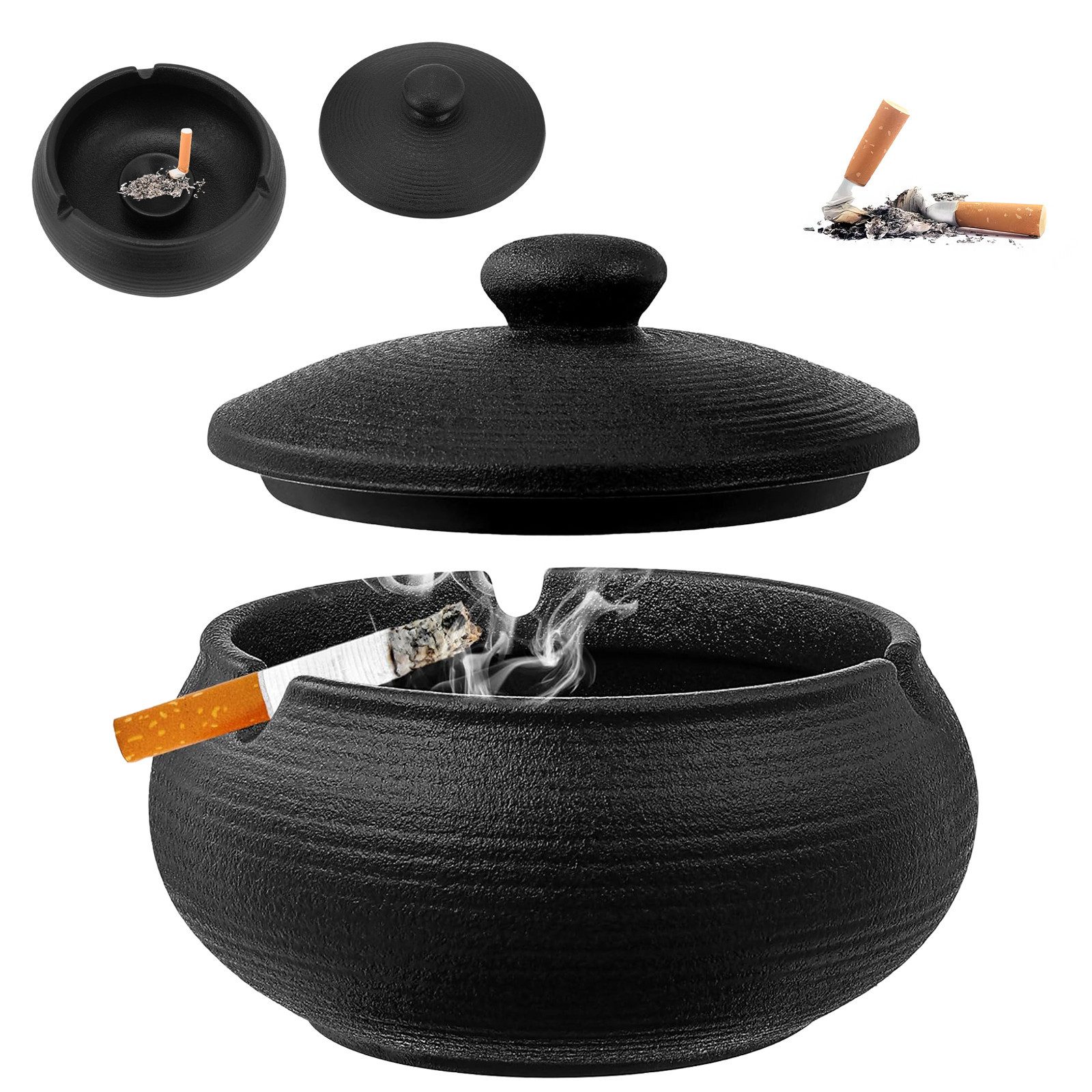 BlingBin Пепельницы Windaschenbecher Schwarz Retro Keramik mit Deckel für Draußen, Retro Пепельницы Ideal für Balkone und Büros, Außenbereich