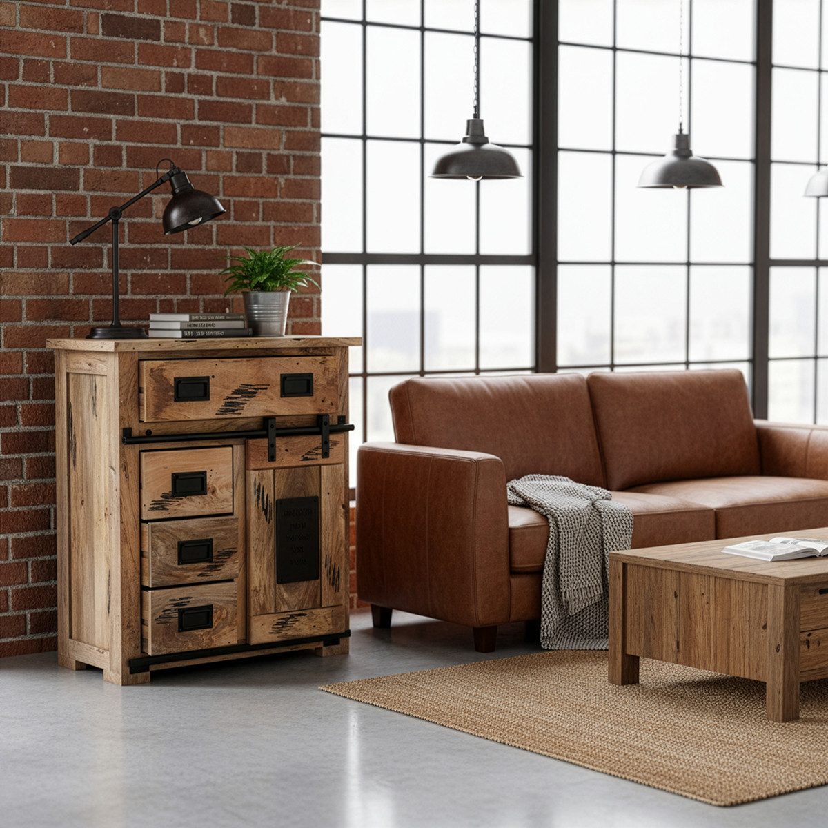 Liadomo Sideboard Garbi, Kommode, Stauraum, aus massivem Mangoholz, mit Schubkästen, Rolltüren und Fächern