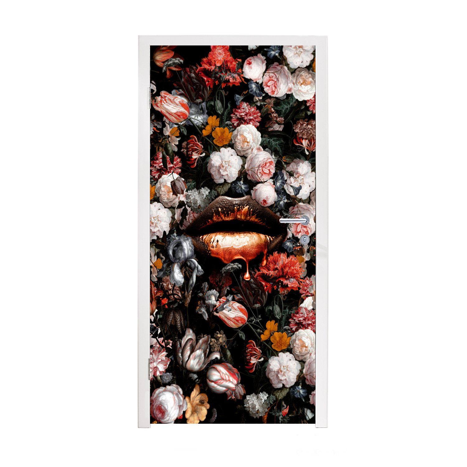 MuchoWow Türtapete Lippen - Blumen - Farbe - Orange - Kunst - Abstrakt - Alte Meister, Matt, bedruckt, (1 St), Fototapete für Tür, Türaufkleber, 75x205 cm