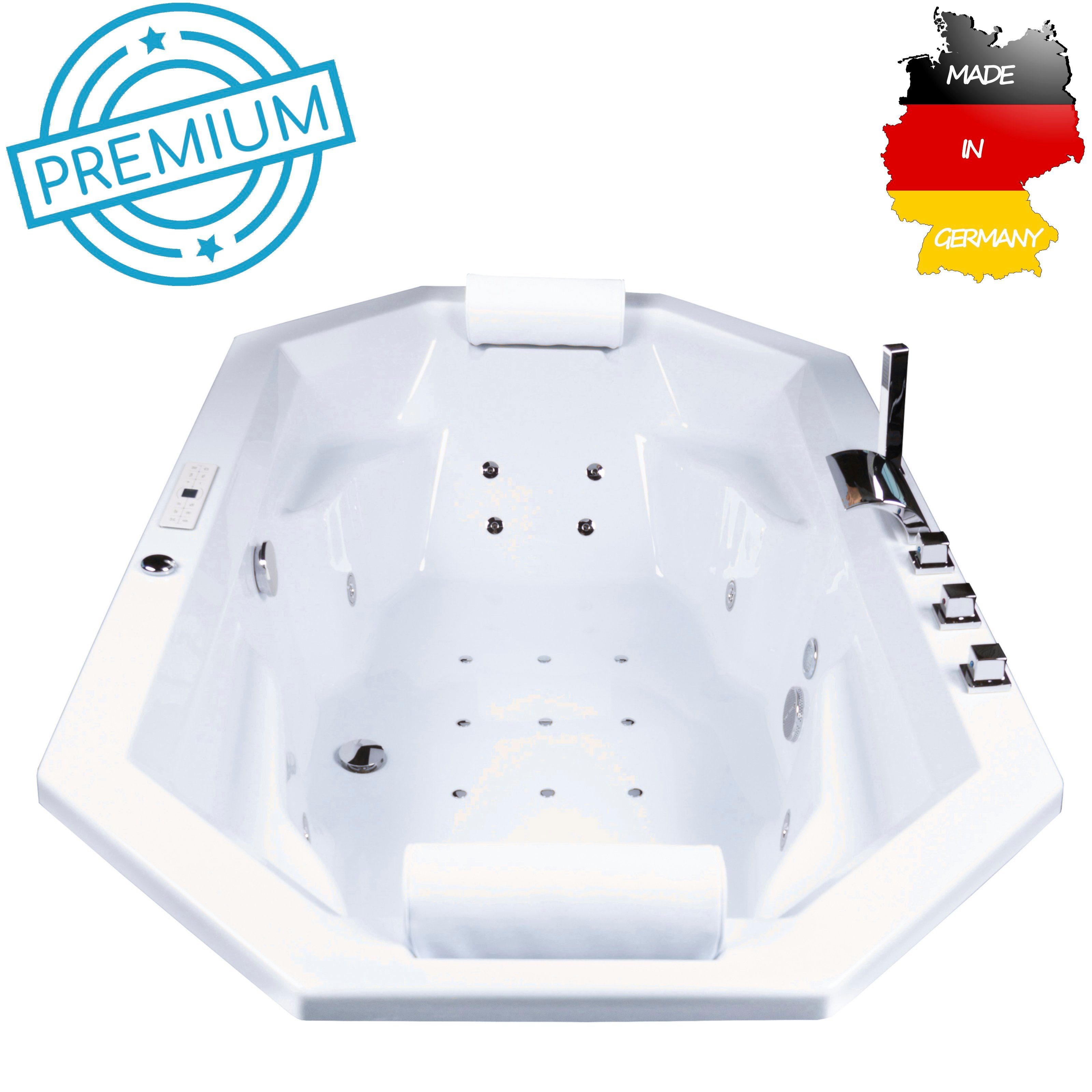 Basera® Whirlpool-Badewanne PREMIUM Indoor Podest-Whirlpool Badewanne Bora Bora 200 x 115 cm, (Komplett-Set), mit 24 Massagedüsen, Heizung, Wasserdesinfektion, Bodenansaugung, W...