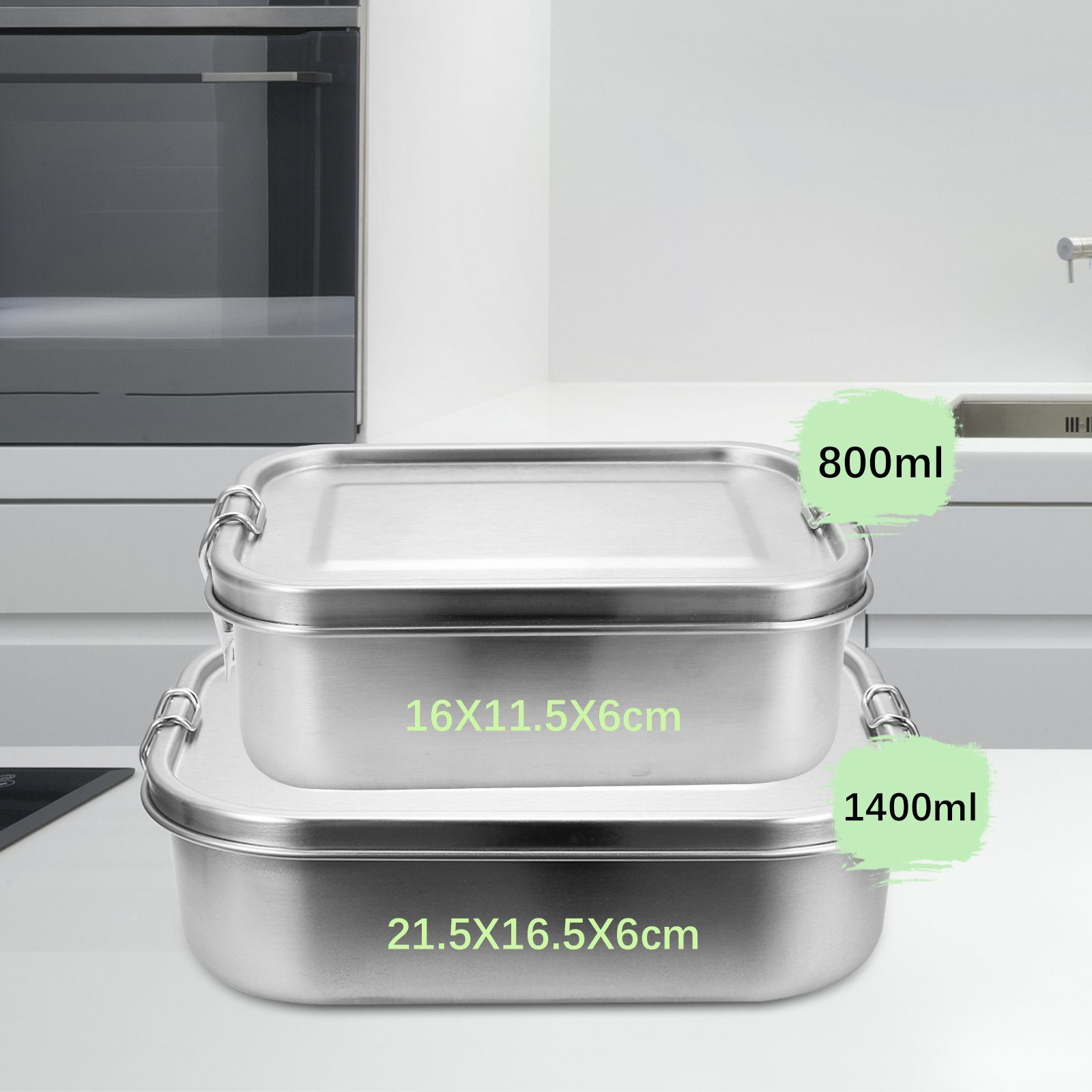 BPA 800+1400ml 800-1400ml Brotdose (abnehmbar) Fächern Edelstahl, Clanmacy Lunchbox frei Thermobehälter Silber Metall Lunchbox Brotdose