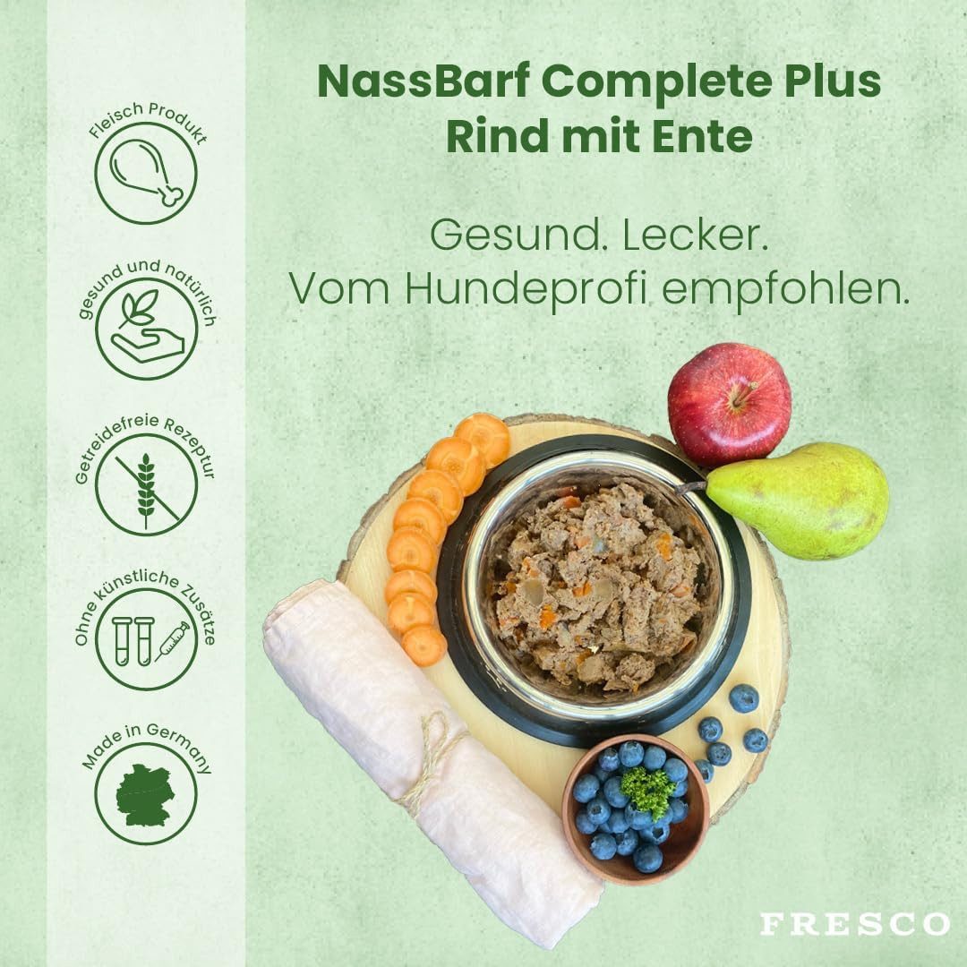 Fresco Dog NassBarf Hundefutter Nass 12 x 400g Ente mit Rind, Nassfutter für: Hunde, Getreidefrei, zuckerfrei & hoher Fleischanteil