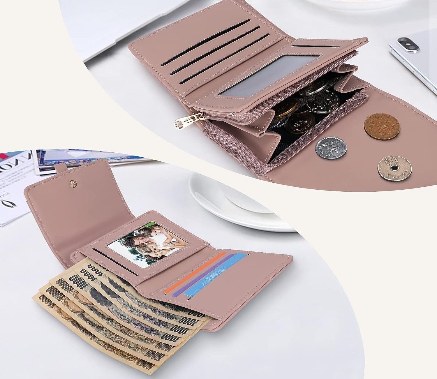 WISHDOR Wallet, geldbörse Portmonee Beige/Weiß/Pink (Frauen x Groß x mit Slim Geldbörse Portemonnaie Kunstleder Damen NFC RFID-Schutz mit Kreditkartenetui, 5 Handtasche Brieftasche Münzfach Weich Kartenhalter), 10.5 Kurz 9.5 Handytasche Kartenfächer, 3.5cm Geldbeutel Kartenetui,