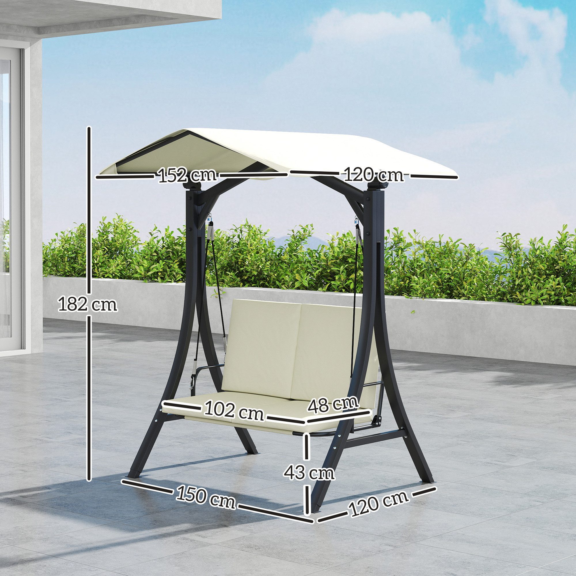 Outsunny Hollywoodschaukel mit verstellbarem Sonnendach, Sitzauflage, 2-Sitzer, Schaukelfinktion, 2-Sitzer Gartenschaukel, 1 tlg., UV 30+ Schaukelbank, belastbar bis 220kg, für Garten, Terrasse, 150 x 120 x 182cm Cremeweiß