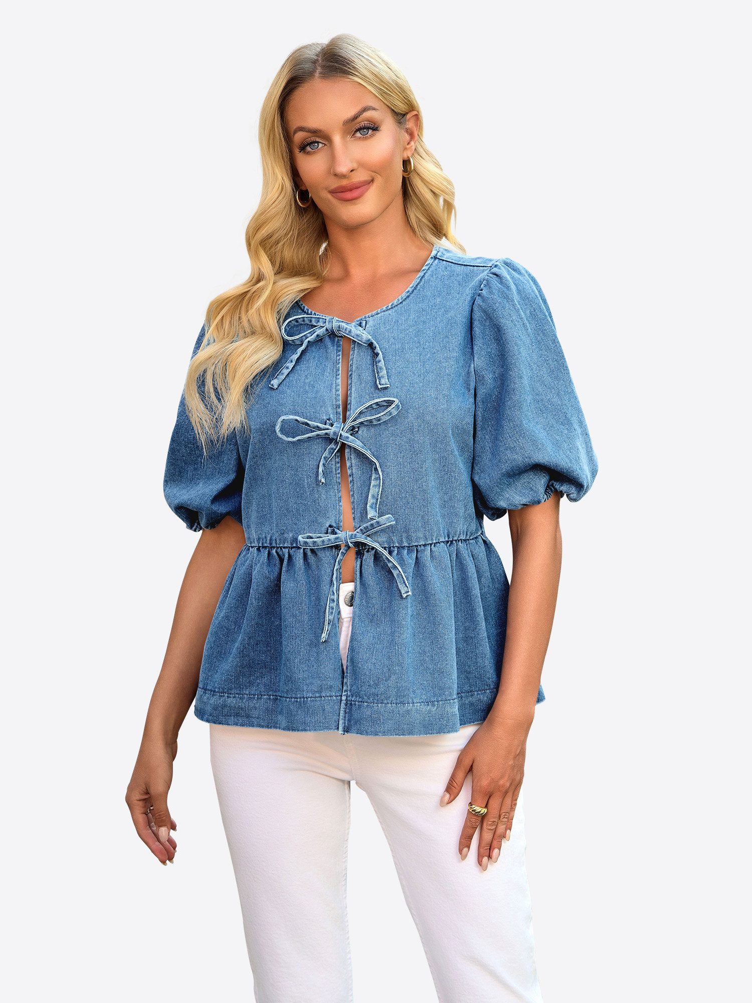 Jeansbluse Damen Lässige Blusen mit Schleife vorne