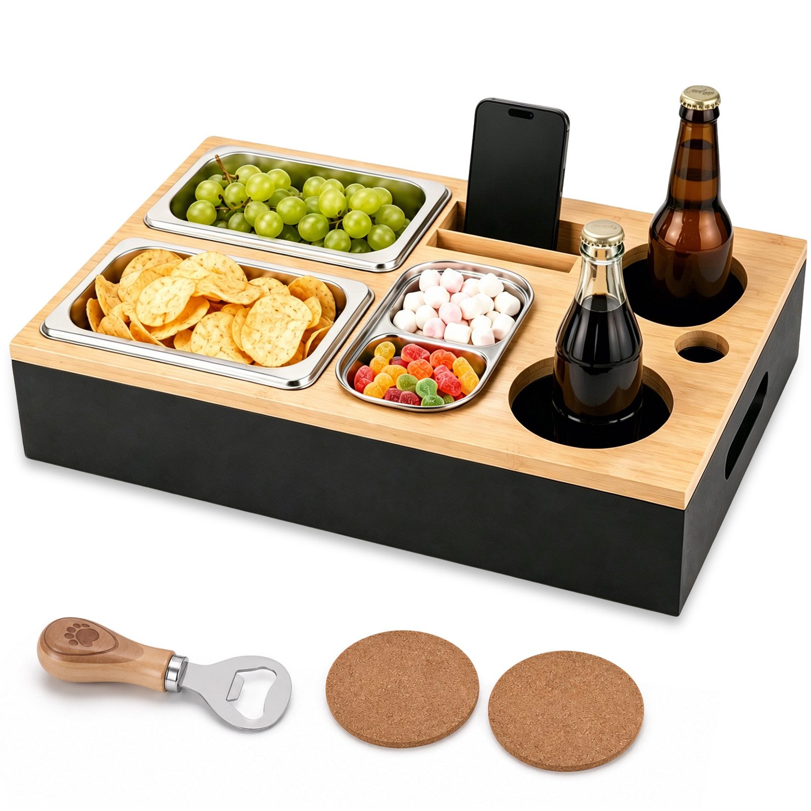 BlingBin Tabletttisch Sofa Tablett, Couchbar Snackbox, Mit Snackschalen Aus Edelstahl (1er Set, 1-St., 1 Stück), Couch Tablett für Wohnzimmer Schlafzimmer Garten Camping