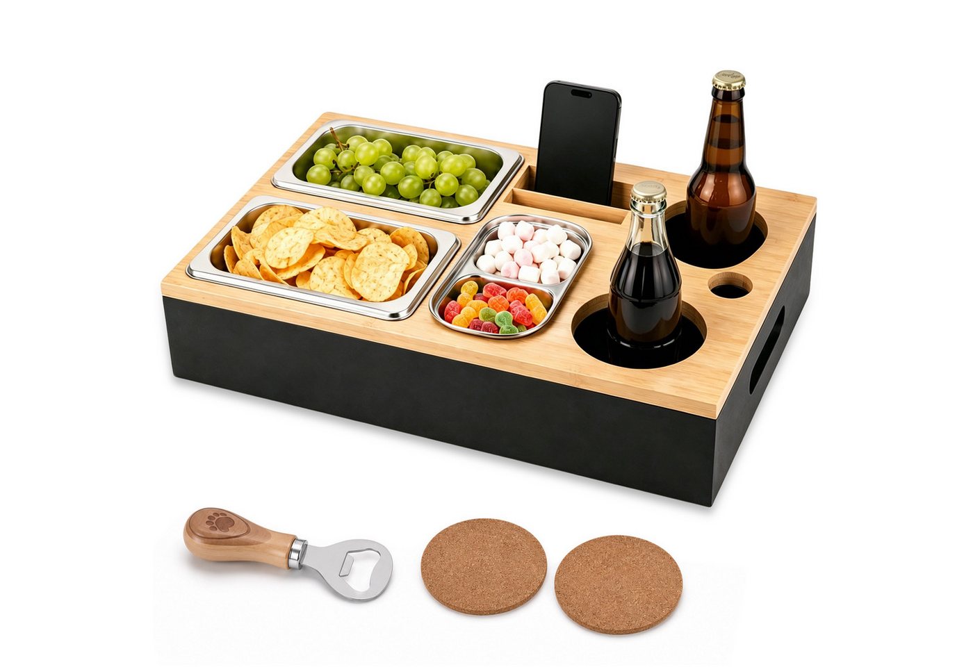 BlingBin Tabletttisch Sofa Tablett, Couchbar Snackbox, Mit Snackschalen Aus Edelstahl (1er Set, 1-St., 1 Stück), Couch Tablett für Wohnzimmer Schlafzimmer Garten Camping